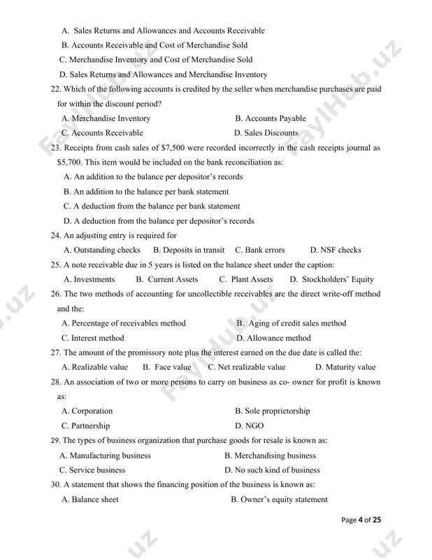 . accounts receivable d. sales discounts 23. receipts from cash sales of $7,500 were recorded incorrectly in the cash receipts journal as $5,700. this item would be included on the bank reconciliation as: a. an addition to the balance per depositor’s records b. an addition to the balance per bank statement c. a deduction from the balance per bank statement d. a deduction from the balance per depositor’s records 24. an adjusting entry is required for a. outstanding checks b. deposits in transit c. bank errors d. nsf checks 25. a note receivable due in 5 years is listed on the balance sheet under the caption: a. investments b. current assets c. plant assets d. stockholders’ equity 26. the two methods of accounting for uncollectible receivables are the direct write-off method and the: a. percentage of receivables method b. aging of credit sales method c. interest method d. allowance method …