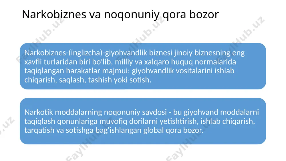 t sotib olishni bildirgan. ushbu foydalanish modeliga amal qilgan holda, kishi ko'cha narxiga qarab haftasiga $ 438 dan $ 1750 gacha va geroin uchun $ 22,810 - $ 91,250 orasida sarflaydi. 2019 yilda narkotik moddalar noqonuniy savdosining asosiy ko‘rsatkichlari noqonuniy giyohvand moddalar ishlab chiqarish hajmlari 35 mln kishi гиyohvandlik kasalliklaridan aziyat chekadi geroin - 100 -110 mlrd dollar 7 kishidan faqat bittasi davolanadi kokain - 110-130 mlrd dollar opium iste’molchilari soni 53 mlnga baholanmoqda-bu oldingi taxminlarga qaraganda 56%ga ko‘p ko‘knori - 75 mlrd dollar giyohvand 585 ming kishining uchdan ikki qismi 2017 yilda vafot etdi sintetik dorilar 60 mlrd dollarga baholangan giyohvand moddalar sanoatining umumiy noqonuniy ishlab chiqarish hajmi taxminan 360 mlrd dolarni tashkil etadi 11mln giyohvandlardan 1,4 mln nafari oiv bilan 5,6 mln nafari gepatit s bilan kasallangan терроризм иқтисодиёти terrorizm (lot. terror — qoʻrqinch, dahshat) siyosiy raqiblarni, muxoliflarni yoʻqotish yoki qoʻrqitish, aholi oʻrtasida vahima va tartibsizliklar keltirib chiqarish …