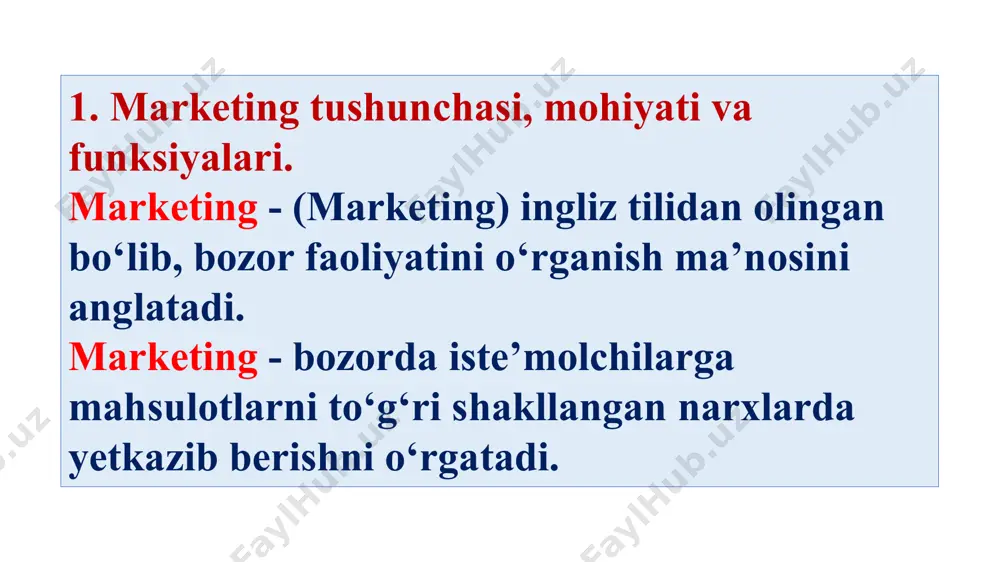 qilishni tezlashtiruvchi o‘zgaruvchanlik, moslashuvchanlik kabi ishlab chiqarishni rag‘batlantiruvchi harakatlardan mahrumdir. ishlab chiqarish va umuman xo‘jalik yuritishga marketing nuqtayi nazaridan yondashish xaridorga ta’sir qilishning keng jabhalarini o‘z ichiga oladi. bu bozor uchun bo‘lgan raqobat kurashining o‘ziga xos xususiyatlarini aniqlashga olib keladi. bozor doirasida sabab-natija aloqalarini tahlil qilishning maxsus usullarini qo‘llab, xaridorlar talabi, ehtiyoji, didi va ta’bi to‘g‘risida axborotlar to‘plab, korxona va tashkilotlar, marketing konsepsiyasi u yoki bu tovarga va xizmatga xarid qiziqishini shakllantirish uchun iqtisodiy, tashkiliy, texnik va ijtimoiy (sotsial) yo‘nalishlarni tashkil qiladi. xarid masalasiga marketingli yondashishdagi har tomonlama tahlilning o‘ziga xosligi, bozordagi yuz beradigan jarayonlarni hisobga olishgina emas, balki ishlab chiqarish korxonalari, tovarlarni yetkazib beruvchi vositachilar, ulgurji va chakana savdo korxonalari hamda ular bilan bog‘liq boshqa barcha tashkilotlarning bozor bo‘g‘inlari tizimidagi tezkor va uzoq vaqtga mo‘ljallangan aniq maqsadlarini o‘zgarishini tahlil qilishdir. marketing xo‘jalikning ma’lum bir tarmog‘iga, masalan, ishlab chiqarishga yoki savdoga taalluqli deb o‘ylash noto‘g‘ri bo‘lar edi. marketing bozorga xizmat …