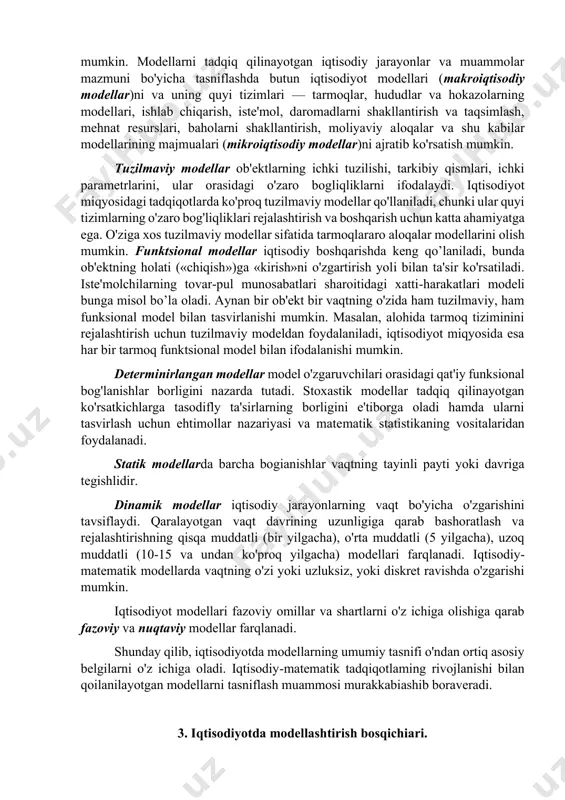 o'p xarajat talab etadi. abstrakt (ideal) modellar inson tafakkurining mabsuli bo'lib, ular tushunchalar, gipotezalar va turli xil qarashlar tizimidan iborat. iqtisodiy tadqiqotlarda, boshqarish sohalarida, asosan, abstrakt modellashtirishdan foydalaniladi. ilmiy bilishda abstrakt modellar ma'lum tillarga asoslangan belgilar majmuidan iborat. o'z navbaitida, belgili abstrakt modellar matematik va mantiqiy tillar shaklidagi matematik mantiqiy modellarni ifodalaydi. matematik modellashtirish turli xil tabiatli, ammo bir xil matematik bog'lanishlarni ifodalaydigan voqea va jarayonlarga asoslangan tadqiqot usulidir. iqtisodiyotda modellar turli asoslarga ko'ra tasniflanadi. modellar iqtisodiyotning turli tomonlari (xususan, uning ishlab chiqarish-texnologik, ijtimoiy, hududiy tuzilmalari)ni va uning alohida qismlarini tadqiq qilish uchun mo'ljallanishi mumkin. modellarni tadqiq qilinayotgan iqtisodiy jarayonlar va muammolar mazmuni bo'yicha tasniflashda butun iqtisodiyot modellari (makroiqtisodiy modellar)ni va uning quyi tizimlari — tarmoqlar, hududlar va hokazolarning modellari, ishlab chiqarish, iste'mol, daromadlarni shakllantirish va taqsimlash, mehnat resurslari, baholarni shakllantirish, moliyaviy aloqalar va shu kabilar modellarining majmualari (mikroiqtisodiy modellar)ni ajratib ko'rsatish mumkin. tuzilmaviy modellar ob'ektlarning ichki tuzilishi, tarkibiy qismlari, …