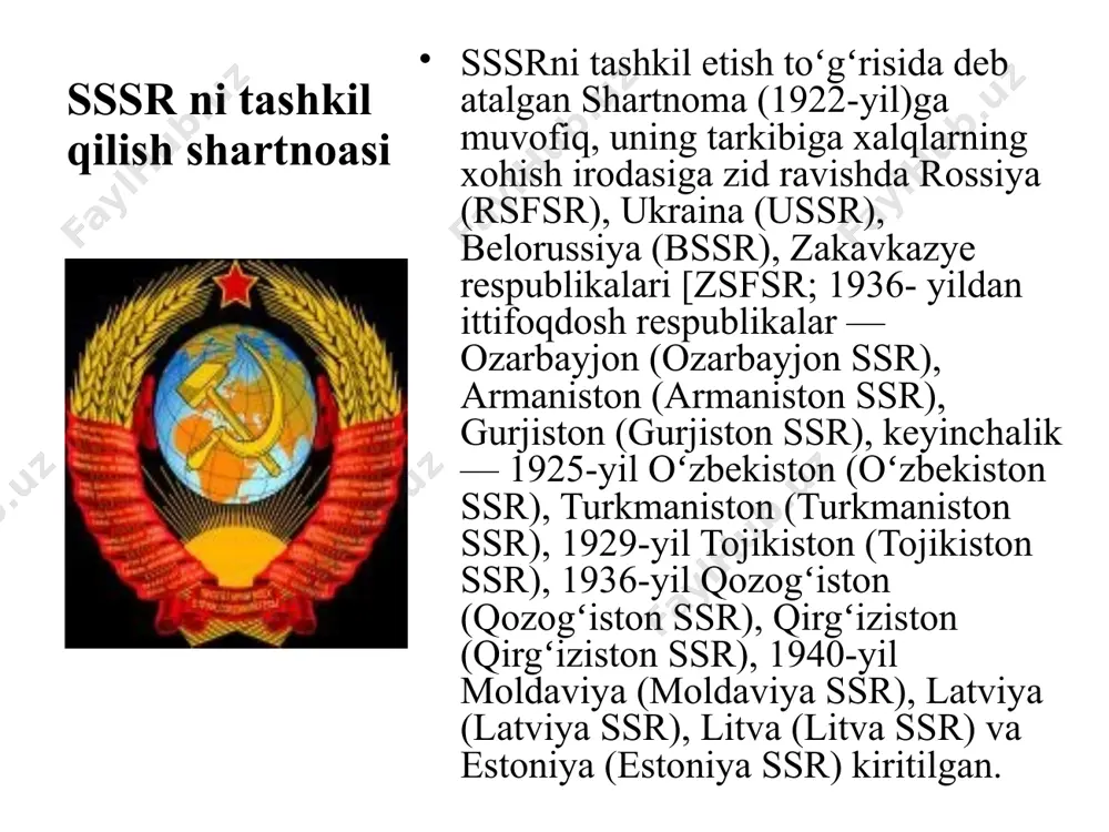 an oʻzbekistondan 1mln.dan ortiq kishi safarbar qilindi. urush davrida butun-butun xalqlar — bolqorlar, chechenlar, qalmoqlar, qrim tatarlari, qorachoylar, yunonlar, mesxeti turklari, volga boʻyi olmonlari va boshqalar oʻzga oʻlkalarga majburlab koʻchirildi. sssr aqsh, buyuk britaniya, fransiya kabi ittifoqchilar yordamida urushda gʻolib chiqqach, jan. saxalin, kuril o.lari, petsamo (pechenga), klaypeda, kenigsberg (kaliningrad), zakarpatye ukrainasi va boshqa yerlar hisobiga mamlakat hududi kengaytirildi. urushdan keyin qatagʻonlar (kosmopolitizmga qarshi kurash, "vrachlar ishi", "leningrad ishi" va boshqalar) davom ettirildi, oʻzbekistonlik koʻpgina yozuvchi, shoir, olim va boshqa ziyolilar ham shu siyosat azobini tortdilar. gʻarb mamlakatlari bilan ittifoqchilik munosabatlari uzilishi oqibatida ikki siyosiy tuzum oʻrtasida "sovuq urush", qurollanish poygasi boshlandi. i.v.stalin vafoti (1953-yil)dan keyin boʻlib oʻtgan kpss 20-syezdi (1956-yil) n.s.xrushchyov tashabbusi bilan stalin shaxsiga sigʻinishni tanqid qildi. qatagʻon qurbonlari oqlana boshlandi; xalqning turmush darajasini oshirishga, qishloq xoʻjaligini, uy-joy qurilishini, yengil sanoatni rivojlantirishga koʻproq eʼtibor berildi. ilmiy va ishlab chiqaruvchi kuchlarni, moddiy vositalarni fan va texnika taraqqiyotiga qaratish tufayli …