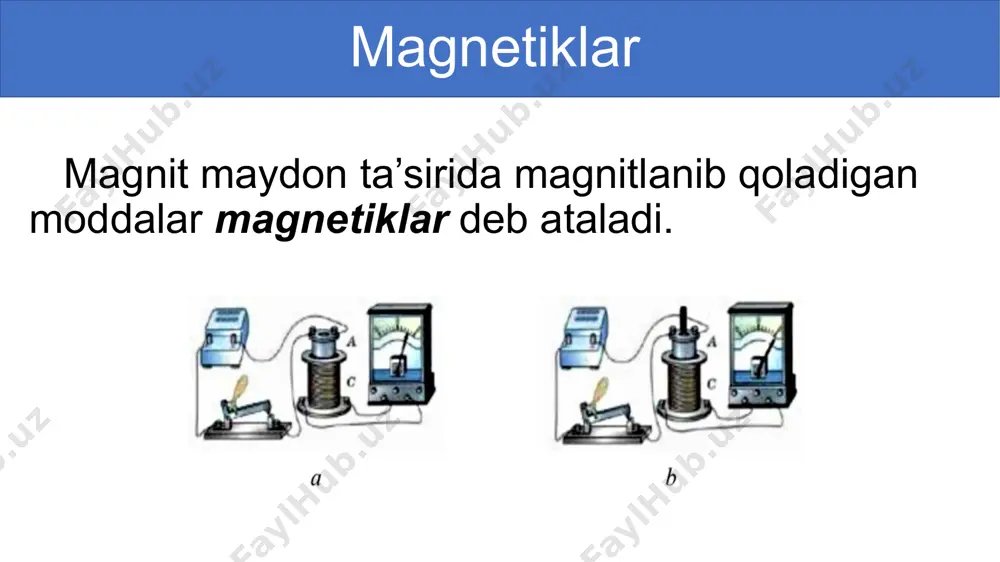 hiriqlar 1. magnetiklar deb nimaga aytiladi? 2. magnit singdiruvchanlik deb qanday kattalikka aytiladi? 3.ferromagnitiklarning texnikada qo‘llanilishiga doir misollar yozing. 4. 2-mashq 7-masalani va 39-betdagi 10, 12-testlarni yechish. image1.png image2.jpg image3.jpg image3.png image4.png image4.jpg image5.png image7.png image5.jpg image6.png image8.png /docprops/thumbnail.jpeg
