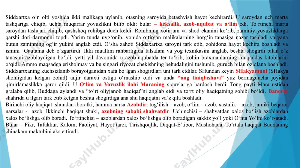 sh qilib jonzotlarga jabr qilgan, tiliga erk berib, ko‘nglida yomon ishlarni keltirib gunoh qilgan, yomon niyat bilan burxonning tanasidan qon chiqargan, to‘g‘ri, haqiqiy no‘mdan nafratlangan, no‘mdan nafratlanib, undan yuz o‘girgan, sof niyatli ruhoniylar orasida ig‘vo qo‘zg‘ab, janjal chiqargan, hatto ota–onasini yo‘q qildirgan, gunohu ayblarni faqat o‘zi qilib qolmay, boshqalarni ham shunday yaramas ishlarga undagan va o‘zi bu qilmishlaridan xursand bo‘lgan, pok odamlarga illatu gunohlarni to‘nkagan, yomonni yaxshi deb maqtab, yaxshini yomon deb qo‘llab–quvvatlab, u nuqsonlidir, u shaytondir, deb hukm chiqargan. asarda uch qimmatbaho xazina tushunchasiga alohida e’tibor qaratilgan. bu uch xazina quyidagilardan iborat: yovuzlik qilmaslik. yaxshilik qilish. aqlni poklash. buddaviylikda uch xazina nihoyatda qadrlangan, shuning uchun ham har doim buddaviylikka e’tiqod qiluvchilar bu uch xazinani ko‘z–ko‘z qilib emas, balki o‘zlariga majburiyat sifatida olib, e’tiqodning asosiy tayanchi sifati deb bilganlar. bu uch xazina “uch zahar” yoki uch turli yomon qilmish deb ataladigan zararli odat va ko‘nikmalarga – ochko‘zlik yoki shahvoniy istak, …