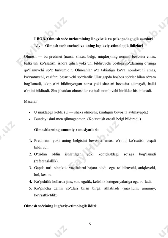 n ifodalanadi. tilshunoslikda olmoshlar haqida ko‘plab ilmiy izlanishlar olib borilgan bo‘lsa-da, boshlang‘ich ta’lim bosqichida ularni o‘rgatish va tahlil qilishning o‘ziga xos metodik asoslari mavjud. olmosh — boshqa so‘zlar (asosan, ot, sifat, son) o‘rnida keluvchi, ularni ishora orqali bildiruvchi mustaqil so‘z turkumidir. ular predmetni bevosita emas, balki vositali tarzda nomlaydi. misol: men, sen, u, bu, shuncha, qanday, kimdir, har kim, hech kim. olmoshlarning asosiy vazifasi — ma’lum bir kontekstdagi ma’lumotni qisqa, ixcham shaklda ifodalash, takroriy nomlashning oldini olish, gapda lo‘ndalikni saqlashdir. bu so‘zlar sintaktik jihatdan ko‘pincha ega, to‘ldiruvchi, aniqlovchi, ba’zan hol vazifasida ham keladi. so‘z turkumlari haqida qisqacha o‘zbek tilshunosligida so‘zlar ikki asosiy guruhga ajratiladi: · mustaqil so‘z turkumlari: ot, sifat, son, fe’l, olmosh, ravish. · yordamchi so‘z turkumlari: predlog, bog‘lovchi, yuklama, modal so‘zlar. olmoshlar mustaqil so‘z turkumlariga mansub bo‘lib, gapda leksik va grammatik ahamiyat kasb etadi. boshqa mustaqil so‘z turkumlari kabi olmoshlar ham gap bo‘laklari vazifasini bajaradi, ammo farqli jihati …