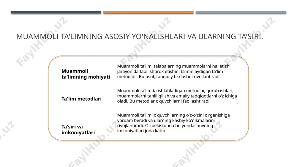 ilimlarni amaliyot bilan birlashtirishga yordam beradi. muammoli ta'limning kelajagi va o'zbekistondagi imkoniyatlari. 01 muammoli ta'limning ahamiyati muammoli ta'lim, talabalarni muammolarni hal qilish jarayonida faol ishtirok etishga undaydi, bu esa ularning tanqidiy fikrlash qobiliyatini oshiradi. 02 o'zbekistondagi imkoniyatlar o'zbekistonda muammoli ta'limni joriy etish uchun zamonaviy texnologiyalar va innovatsion metodlar mavjud, bu esa ta'lim sifatini oshirish imkonini beradi. 03 kelajakdagi istiqbollar muammoli ta'lim kelajakda ta'lim tizimida yetakchi o'rin egallaydi, chunki u o'quvchilarning ijodkorligini va mustaqil fikrlashini rivojlantiradi. 04 amaliyotda qo'llanilishi o'zbekistondagi oliy ta'lim muassasalarida muammoli ta'lim metodlarini qo'llash tajribasi ko'paymoqda, bu esa o'quv jarayonini yanada qiziqarli qiladi. xulosa 1 muammoli ta'limning ahamiyati muammoli ta'lim texnologiyalari o'quvchilarning fikrlash qobiliyatini rivojlantirib, ularga muammolarni hal etish ko'nikmalarini beradi. 2 innovatsion yondoshuvlar muammoli ta'limda innovatsion yondoshuvlar o'quv jarayonini qiziqarli va samarali qiladi, shuningdek, o'quvchilarni faol ishtirok etishga rag'batlantiradi. 3 o'zbekistondagi imkoniyatlar o'zbekistonda muammoli ta'lim texnologiyalarini rivojlantirish, ta'lim sifatini oshirish va yosh avlodni zamonaviy bilim bilan ta'minlash …