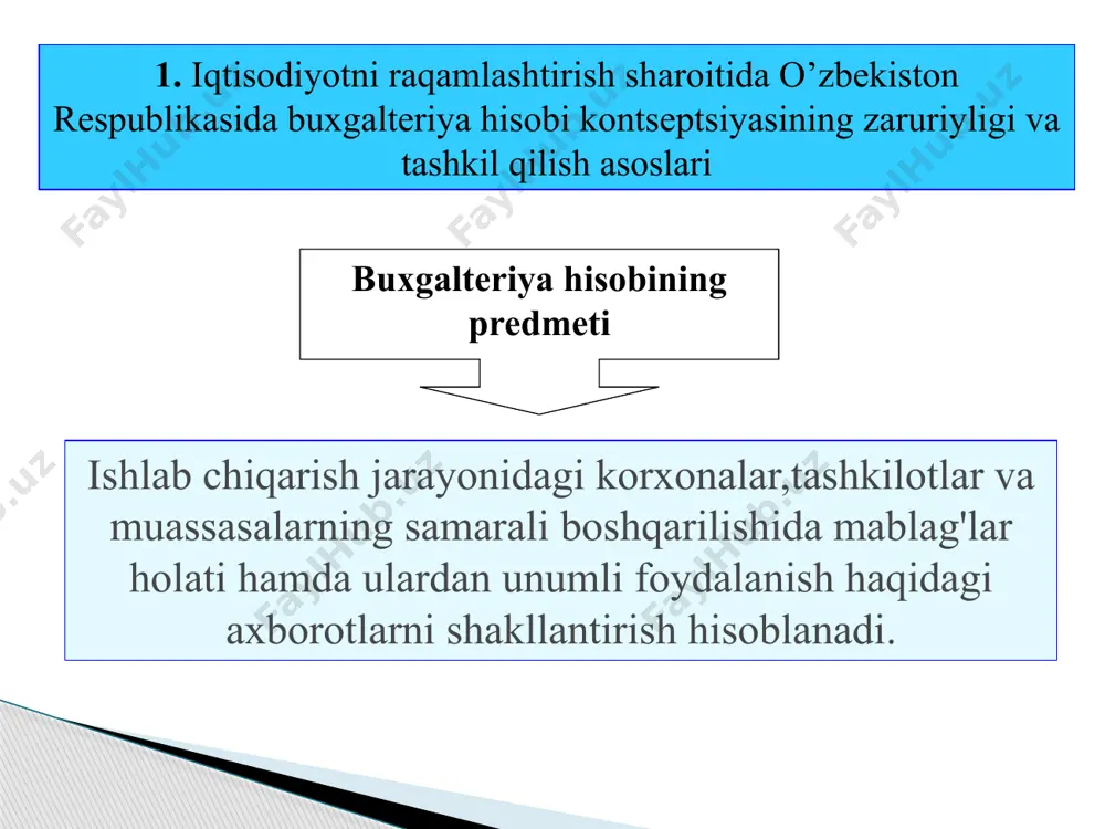 qari schotlar. schyotlar bog‘lanishining buxgalteriya hisobi yozuvlarida aks ettirilishiga «ikkiyoqlama yozuv» (buxgalteriya provodkasi) deb aytiladi. xo‘jalik yurituvchi subyektlarda sodir bo‘layotgan jarayonlarga tegishli summa buxgalteriya hisobi yozuvlarida eng kamida ikkita schotga yoziladi, albatta bir schotning debetiga, ikkinchi schyotning kreditiga. masalan: hisob-kitob schyotidan kassaga naqd pul olinishi (20 000 so‘m) d-т 5110 к-т d-т 5010 к-т bosh qoldiq bosh qoldiq 20 000 doimiy va vaqtinchalik schyotlar. doimiy schyotlar buxgalteriya balansida aks ettiriladigan va hisobot davrining oxirida qoldiqqa ega bo‘lgan aktivlar, majburiyatlar va kapital schyotlaridir. vaqtinchalik schyotlar vaqtinchalik (tranzit) schyotlar bu daromadlar va xarajatlarning vaqtincha schoti bo‘lib, hisobot davri davomida foydalani-ladigan, biroq yopilib,hisobot davri oxiri- da moliyaviy natijalar to‘g‘risidagi hisobotda aks ettiriladi, qoldiqqa ega bo‘lmaydi. aktiv schotlar to‘g‘risida tushuncha. aktiv schyotlar bu schyot aktivlarni aks ettirish uchun mo‘ljallangan bo‘lib, unda qoldiq va iqtisodiy resurslarning ko‘payishi debet bo‘yicha, kamayishi esa krediti bo‘yicha aks ettiriladi. d-т aktiv к-т schyotlar passiv schyotlar to‘g‘risida tushuncha. passiv schyotlar …