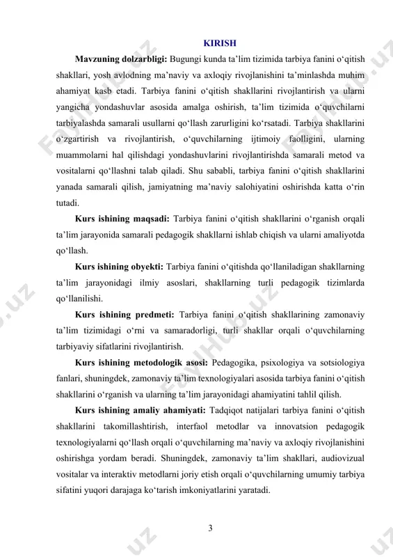 rsatish, o‘quvchilarning o‘zlashtirish jarayonini nazorat qilish va ularni doimiy ravishda rivojlantirishga qaratilgan bo‘lishi kerak. tarbiya fanini o‘qitish shakllari, o‘qituvchi va o‘quvchi o‘rtasidagi munosabatlar, shuningdek, o‘quvchilarni jamiyatga, ijtimoiy hayotga tayyorlashda muhim ahamiyatga ega. yuqoridagi shakllar o‘qitish jarayonida innovatsion yondashuvlar, zamonaviy texnologiyalar, interaktiv metodlar va turli audiovizual vositalardan foydalanishni taqozo etadi. bu shakllar orqali o‘quvchilarni nafaqat bilim bilan, balki turli muammolarni hal qilish, mustaqil fikrlash va ijtimoiy faoliyatga tayyorlashda samarali natijalarga erishish mumkin. tarbiya fanini o‘qitishda shakllarning o‘rni o‘quvchilarni faqat ilmiy, balki axloqiy va ma’naviy jihatdan rivojlantirishda ham muhimdir. bu shakllar o‘quvchilarning intellektual rivojlanishini, ijtimoiy mas’uliyatni, muammolarni hal qilish va o‘zaro hurmat kabi qadriyatlarni shakllantirishga yordam beradi. shakllar nafaqat tarbiyaviy, balki pedagogik jihatdan ham samarali bo‘lishi kerak, chunki ular o‘qitishning asosiy vositalaridan biridir. tarbiya fanini o‘qitish shakllari o‘quvchilarning tarbiyaviy va axloqiy rivojlanishini ta’minlashda katta rol o‘ynaydi. ular o‘quvchilarni jamiyatga moslashish, axloqiy me’yorlarga rioya qilish, o‘zgaruvchan ijtimoiy sharoitlarga moslashish va faol fuqarolik pozitsiyasini …