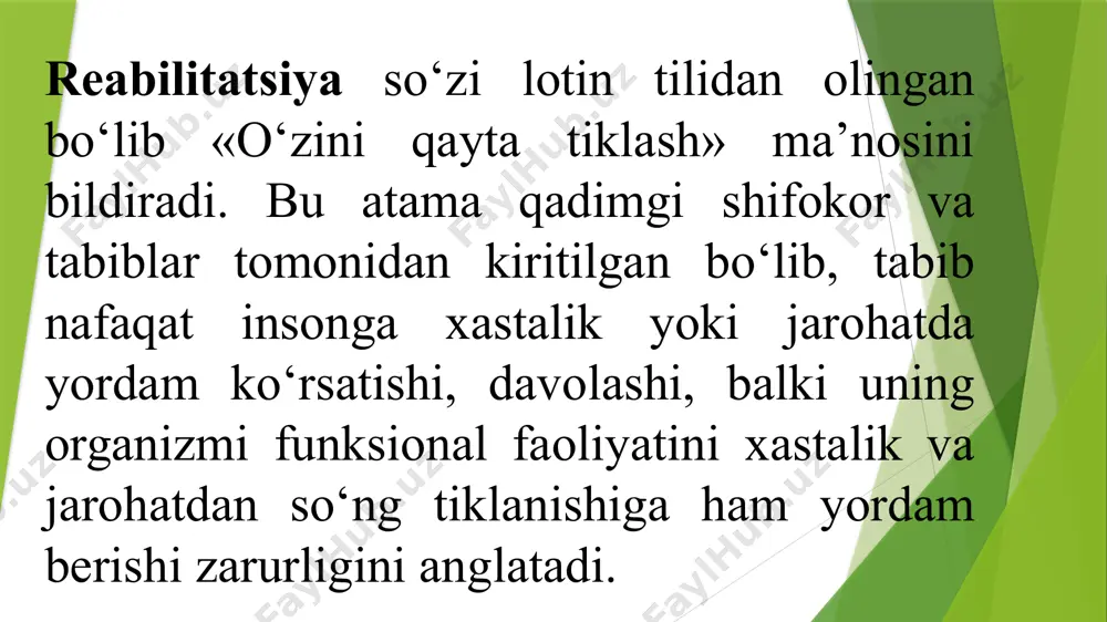 arishida nihoyatda diqqatli va sabr- toqatli bo‘lishi; xushfe’l va xushmuomalali bo‘lishi; bemorga buyurilgan muolajalar nima uchun kerakligini (tibbiy bilimga asoslanib) tushuntira olishi; sanitariya-oqartuv ishlarida qatnashish: aholiga kasallik haqida ma’lumot berish va uning oldini olish chora-tadbirlarini o‘rgata olishi, kasallik qanday asoratlarga olib kelishini tushuntira olishi; og‘ir kasallikka chalingan bemorlarga ijtimoiy yordam bo‘lim- larida yordam ko‘rsata olishi. e’tiboringiz uchun rahmat image1.jpg image2.png image3.png /docprops/thumbnail.jpeg