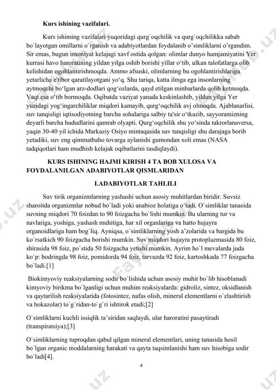 ri. kurs ishiming vazifalari yuqoridagi qurg`oqchilik va qurg`oqchilikka sabab bo`layotgan omillarni o`rganish va adabiyotlardan foydalanib o’simliklarni o’rgandim. sir emas, bugun insoniyat kelajagi xavf ostida qolgan: olimlar dunyo hamjamiyatini yer kurrasi havo haroratining yildan yilga oshib borishi yillar o‘tib, ulkan talofatlarga olib kelishidan ogohlantirishmoqda. ammo afsuski, olimlarning bu ogohlantirishlariga yetarlicha e'tibor qaratilayotgani yo‘q. shu tariqa, katta ilmga ega insonlarning aytmoqchi bo‘lgan arz-dodlari qog‘ozlarda, qayd etilgan minbarlarda qolib ketmoqda. vaqt esa o‘tib bormoqda. oqibatda vaziyat yanada keskinlashib, yildan yilga yer yuzidagi yog‘ingarchiliklar miqdori kamayib, qurg‘oqchilik avj olmoqda. ajablanarlisi, suv tanqisligi iqtisodiyotning barcha sohalariga salbiy ta'sir o‘tkazib, sayyoramizning deyarli barcha hududlarini qamrab olyapti. qurg‘oqchilik shu yo‘sinda takrorlanaversa, yaqin 30-40 yil ichida markaziy osiyo mintaqasida suv tanqisligi shu darajaga borib yetadiki, suv eng qimmatbaho tovarga aylanishi gumondan xoli emas (nasa tadqiqotlari ham mudhish kelajak oqibatlarini tasdiqlaydi). kurs ishining hajmi kirish 4 ta bob xulosa va foydalanilgan adabiyotlar qismlaridan i.adabiyotlar tahlili suv tirik organizmlarning yashashi …