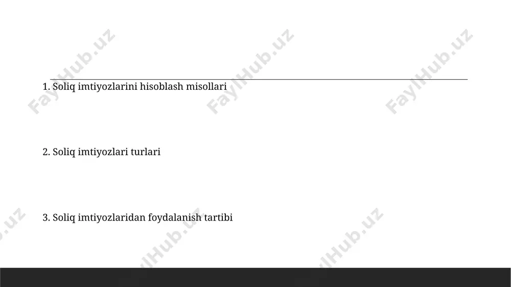 yozlari bilan, o'rtacha 3 yil ichida investitsiyalarni qoplaydi. qishloq xo'jaligi sohasida 10 gektardan ortiq yer maydoniga ega fermer xo'jaliklari, agro-sanoat majmualariga qo'shilishi bilan soliq imtiyozlaridan foydalanib, 20% ga yaqin foyda ko'payishini ta'minlaydi. soliq imtiyozlari turlari soliq kodeksiga asosan, 100 ming so'mgacha bo'lgan daromadlarga 0% soliq stavkasini qo'llash imkoniyati mavjud, bu kichik biznes vakillari uchun sezilarli yengillik hisoblanadi. ayrim toifadagi nogironlar va kam ta'minlangan oilalar uchun soliq to'lovlarini kamaytiruvchi yoki to'liq ozod qiluvchi maxsus imtiyozlar taqdim etiladi, bu ularning ijtimoiy himoyasini kuchaytirishga qaratilgan. soliq kodeksiga oid muhim o'zgarishlar 2024 yildan boshlab patent soliq tizimidan foydalanadigan tadbirkorlar uchun patent narxlari indeksatsiya qilinadi va ularning toifalari qayta ko'rib chiqiladi. soliq kodeksining yangi tahriri bo'yicha 2023 yildan boshlab yakka tartibdagi tadbirkorlar uchun soddalashtirilgan soliq tizimida 15% dan 10% gacha bo'lgan soliq stavkasi qo'llanilishi belgilangan. e'tiboringiz uchun rahmat @taqdimot_robot image1.jpg image2.jpg image3.jpg image4.jpg image5.jpg image6.jpg image7.jpg
