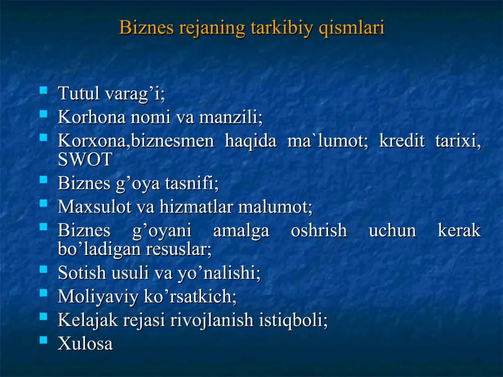 an raqobatchilar tahlili… raqobatchilar sifati narxi qo’shimchalar bizning maxsulotimiz “bolalar dunyosi” xususiy korhonasining maxsulotlari yuqori darajali kelishilgan narxda maxsulotlarni kerakli joyga olib borib berilishi bepul. (tuman bo’yicha) ishonch xususiy korhonasi oliy bozor narxida x oy davomida 25 kun ish kuni 1 oyda ishlab chiqariladigan maxsulot qiymati n mahsulot turi summasi miqdori 1-kunlik 1-oylik i/ch maxsulot bir oylik 1 bolalar kiyimi 4 500 12 300 1 350 000 jami 1 350 000 maxsulot tannarxini chiqarish o’lchov birligi miqdori narhi 1 dona maxsulot harajati xom ashyo a) material k g 750 g 500 380 elektr energiyasi kb 12 76 970 ish haqi ishbay 12 soat 4 500 1 500 1 d harajat 2 850 narhi 4 500 jami bir dona mahsulot tannarhi 1650 iqtisodiy ko’rsatkichlar № ko’rsatkichlar nomi xarajatlar bozorda tushgan foyda bir yilda 1 sotishdan tushgan tushum 24 300 000 2 xom ashyo 3 700 000 6 672 166 3 reklama …