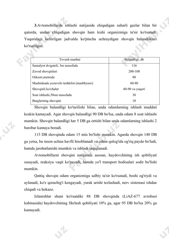 yuqori shkala yuk ko'tarish qobiliyati 12 t bo'lgan avtomobillarga tegishlidir. yaponiyada esa 1971 yildan boshlab yuk tashuvchi avtomobillarga 80db, yengil avtomobillarga 70 db me'yor joriy qilingan. aqsh da yuk tashuvchi avtomobillar uchun 86 db me'yor qo'yilgan. avtomobil ishlab chiqarish zavodlari, keyingi vaqtda dvigatellardagi yonish protsessini tokomillashtirgan, chiqarish tizimida 2 - 3 bosqichli glushitellar qo'ygan holda, yuqoridagi muammolarni yenga boshladilar. hozirgi vaqtda, haydovchilar ish qobiliyatiga zarar yetkasmaslik uchun, ko'pgina avtobuslarning dvigateli orqa tomonga o'rnatila boshlandi. bu sharoitda haydovchiga 8-10 db shovqin kamroq ta'sir ko'rsatadi. hammaga ma'lumki shaharda avtomobillar harakati asosiy shovqin mabaidir. shuning uchun hozirgi vaqtda binolar qurish, yo'lni bo'laklarga bo'lish ishlari ham davlat standartlariga muvofiq bajarilmog'i kerak. shunday qilib dvigatelni avtomobilda joylashishini ratsional hal qilish, kapot osti bo'shlig'ini shovqin yutgich materiallar bilan qoplash, hamda avtomobil agregatlari va tizimlarini takomillashtirish yo'li bilan shovqinni kamaytirish mumkin ekan. tutash darajasini kamaytirish maxsus qo'shimchalar va neytraliza-torlar yordamida amalga oshiriladi. hozirgi vaqtda tutash darajasini o'lchash …