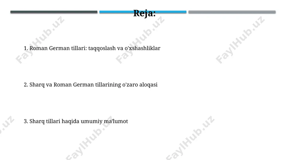 oladi, bu ularning keng qo‘llanilishini va turli sohalardagi terminologiyasini aks ettiradi. roman german tillarida ko‘plab sinonimlar va omonimlar mavjud bo‘lib, ularning semantik farqlari va grammatik vazifalari tilning ifoda vositalarini boyitadi. masalan, nemis tilida 20 dan ortiq "yaxshi" degan ma'noni bildiruvchi so‘zlar mavjud. sharq va roman german tillarining o‘xshash va farqli tomonlari sharq tillarining, masalan, arabcha yoki forschadagi ko‘p so‘zli fe’llar (verb conjugation) tizimi roman german tillariga nisbatan ancha murakkabroq bo‘lib, 10 dan ortiq shaklga ega bo‘lishi mumkin. sharq tillarida so‘z tartibi nisbatan erkinroq, grammatik munosabatlarni ko‘proq qo‘shimchalar orqali ifodalasa, roman german tillarida so‘z tartibi qat’iyroq va ma’no ifodalashda so‘zlarning o‘rni muhim ahamiyatga ega. sharq tillarining rivojlanish tarixi шарқ тилларининг лексик бойлигини бойитишда форс, туркий ва бошқа тилларнинг таъсирини ҳисобга олиш муҳим, бу жараён асрлар давомида давом этган. 13-15-асрлардаги мовароуннаҳрдаги илмий-маданий юксалиш даври шарқ тилларининг адабиёт ва фанда фаол ривожланишига туртки бўлган. roman german tillarining rivojlanish tarixi roman german tillarining shakllanishi …