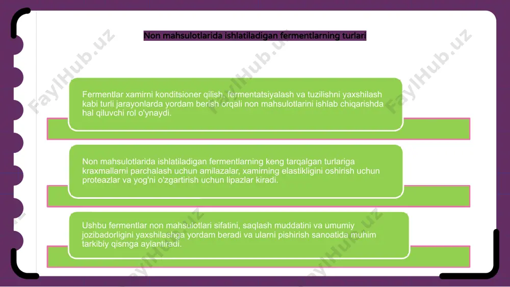 otlari, shu jumladan pirojnoe aralashmalari ishlab chiqarishda hal qiluvchi rol o'ynaydi. ular yakuniy mahsulotning tuzilishini, ta'mini va umumiy sifatini yaxshilashga yordam beradi. kek aralashmalarida ferment qo'shimchasi xamirning unumdorligini oshirish va kek hajmini va yumshoqligini oshirish uchun maxsus fermentlarni qo'shishni o'z ichiga oladi. non mahsulotlari ishlab chiqarishda fermentlarni qo‘llash orqali ishlab chiqaruvchilar izchil natijalarga erishishi va iste’molchilarning yuqori sifatli, mazali non mahsulotlariga bo‘lgan talablarini qondirishi mumkin. pishirilgan mahsulotlarning tuzilishini yaxshilash uchun fermentlar fermentlar teksturani yaxshilashga yordam berish orqali non mahsulotlari ishlab chiqarishda hal qiluvchi rol o'ynaydi. ushbu oqsillar kimyoviy reaktsiyalarni katalizlaydi, natijada pishirilgan mahsulotlarning tuzilishi va tuzilishi yaxshilanadi. amilazalar, proteazlar va lipazlar kabi maxsus fermentlar xamirni qayta ishlashni yaxshilash, hajmni oshirish va saqlash muddatini uzaytirish uchun pishirish sanoatida qo'llaniladi. ushbu fermentlar kerakli teksturaviy xususiyatlarga erishish uchun kraxmal, oqsil va yog'larni parchalaydi. pishirish jarayoniga fermentlarni qo'shish orqali novvoylar kerakli tekstura, lazzat va tashqi ko'rinishga ega doimiy yuqori sifatli mahsulotlarga erishishlari mumkin. fermentlar …