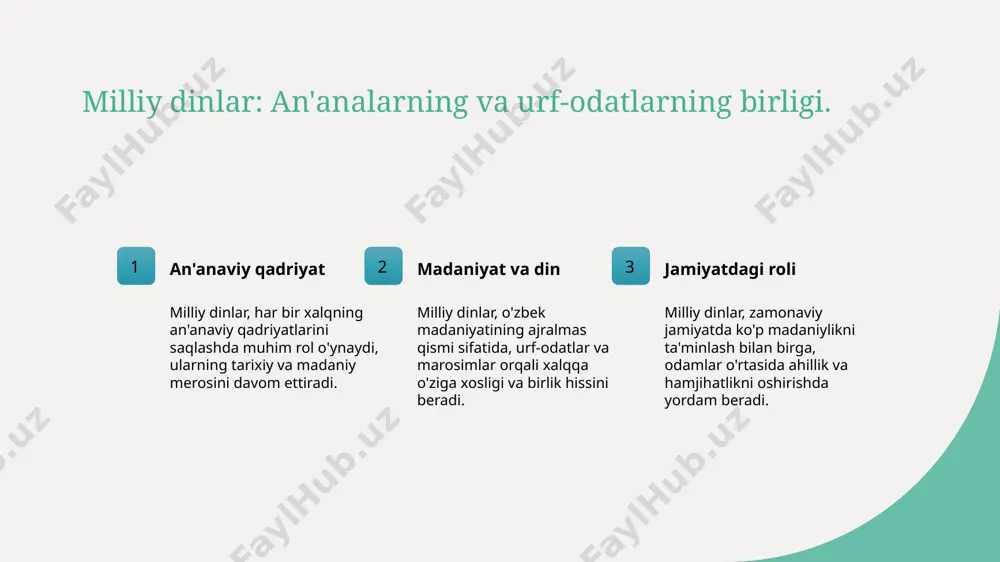 liq bo'lib, bu qadriyatlar avlodlar davomida uzluksiz ravishda o'tkaziladi. madaniyatga ta'siri milliy dinlar, san'at, adabiyot va musiqaga ta'sir qilib, o'zbek madaniyatining rang-barangligini va xilma-xilligini oshiradi. milliy dinlarning globalizatsiya jarayonidagi ta'siri. 1 globalizatsiya va din - globalizatsiya jarayoni milliy dinlarga ta'sir etib, ularni dunyoviy va global diniy oqimlar bilan bog'laydi, yangi g'oyalar va amaliyotlarni kiritadi. 2 mahalliy an'analar - milliy dinlar globalizatsiya jarayonida mahalliy an'analarning saqlanishi va rivojlanishiga xizmat qiladi, madaniy merosni mustahkamlashga yordam beradi. 3 yosh avlod ta'siri - yosh avlod globalizatsiya ta'sirida milliy dinlarga qiziqishlarini oshirishmoqda, bu esa diniy turli xillikni va madaniy o'ziga xoslikni saqlashga yordam beradi. yosh avlod va milliy dinlar: qabul qilish va moslashish. yosh avlodning qabul qilishi yosh avlod milliy dinlarni qabul qilishda o'z milliy kimligini his etadi, bu esa ularning ruhiy va ijtimoiy rivojlanishiga yordam beradi. an'analar va moslashuv milliy dinlar an'anaviy qadriyatlar bilan birga, yoshlarning zamonaviy hayot tarziga moslashuvini ta'minlaydi, bu esa ularning …