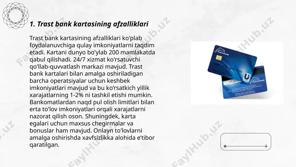 yga va amaldagi tariflarga qarab farqlanadi. trast bankning o‘z bankomatlaridan naqd pul olishda xizmat haqi 0,5% dan 1% gacha bo‘lishi mumkin. cheklovlar va xizmat haqini bilish uchun bank bilan bog‘lanishni tavsiya etiladi. ... t.me/slaydai_bot 7. trast bank kartasining foiz stavkalari trast bank kartalarining foiz stavkalari turli turlari bo'yicha o'zgaradi. odatda, iste'mol kreditlari uchun yillik foiz stavkasi 24% va 28% atrofida bo'lishi mumkin. kredit limitidan foydalanish uchun oylik yoki yillik xizmat haqi ham olinadi. naqd pul olishda yoki avtomatlar orqali mablag' yechishda qo'shimcha komissiya ham belgilanishi mumkin, bu odatda 1% dan 3% gacha bo'lishi mumkin. har bir karta turi va kredit mahsuloti uchun aniq stavkalar bankning rasmiy saytida yoki mijozlarga xizmat ko'rsatish bo'limida ma'lum qilinadi. bank bilan bog'lanish orqali to'liq ma'lumot olish tavsiya etiladi. ... t.me/slaydai_bot trast bank kartalari uchun limitlar mijozlarning turiga va karta variantiga qarab farqlanadi. odatda, trast bankining oddiy kartalari uchun naqd pul olish limiti 3,000,000 so'mgacha, kunlik …