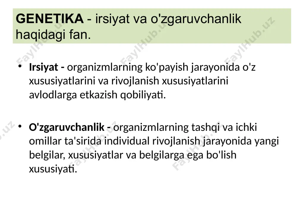 xususiyat - geterozigotalarda bostirilgan va faqat gomozigota holatda namoyon bo'ladigan belgi. gen - genetik ma'lumot birligi : - allel genlar - homolog xromosomalarning bir xil lokuslarida joylashgan va bir xil belgining turli ko'rinishlarini aniqlaydigan genlar; - allel bo'lmagan - homolog xromosomalarning turli lokuslarida yoki gomologik bo'lmagan xromosomalarda joylashgan genlar; turli xususiyatlarning rivojlanishini aniqlash ; - golandrik - y xromosomasining x xromosomasiga homolog bo'lmagan hududlarida lokalize qilingan genlar faqat erkak chizig'i orqali meros qilib olingan belgilarning rivojlanishini aniqlaydi ; alternativ belgilar - bir xususiyatning bir-biriga zid, qarama-qarshi ko'rinishlari (ko'z rangi: jigarrang-ko'k). o'tishni tahlil qilish - mavzuning genotipini aniqlash uchun retsessiv xususiyat uchun noma'lum genotipli bir shaxsni individual homozigot bilan kesib o'tish . backkrossing - ota-onalardan biri bilan naslni kesib o'tish. toza chiziqlar - bular bir xil genotipdagilar bilan kesishganda bo'linish hosil qilmaydigan organizmlardir, ya'ni. ular bu xususiyat uchun homozigotdir. gomozigota organizm - bu homolog xromosomalarida bitta belgining rivojlanishini boshqaradigan bir xil …