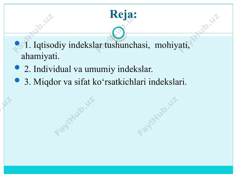қ қилади. indekslar to’plam birliklarini qamrab olishiga qarab yakka va umumiy indekslarga bo’linadi. yakka indekslar to’plamning ayrim elementlarining o’zgarishini ta’riflaydi. indeks metodi o’rtacha ko’rsatkichlarning o’zgarishini o’rganishda ham keng qo’llaniladi. o’rtachaning o’zgarishiga ikki omil ta’sir ko’rsatadi. bu omillar ta’sirini baholash uchun statistikada o’zgaruvchan va o’zgarmas tarkibli hamda tarkibiy siljishlar indekslari hisoblanadi. 1. iqtisodiy indekslar tushunchasi, mohiyati, ahamiyati. taqqoslanish asosiga qarab indekslar bazisli va zanjirsimon indekslarga bo’linadi. indekslashtirilayotgan miqdorlarning xarakteri va mazmuniga qarab indekslar miqdor(hajm) va sifat kursatkichlari indekslariga bo’linadi. indekslar nazariyasida qaysi ko’rsatkich indekslashtirilsa, u indekslashtiriladigan miqdor deyiladi. umumiy indekslarda indekslashtirilayotgan miqdor so’zi o’rniga indekslashtirilayotgan belgi va uning vazni tushunchalari ishlatiladi. 1.iqtisodiy indekslar tushunchasi, mohiyati, ahamiyati. тадқиқот олдида турган вазифаларга қараб қуйидаги турдаги индекслар ҳисобланаши мумкин: динамика индекслари; шартнома ва давлат буюртмалари бажарилиши индекслари; ўзгарувчан ва ўзгармас таркибли, тузилмавий силжишлар индекслари; ҳудудий индекслар; аналитик индекслар. динамика индекслари икки ва ундан ортиқ даврлар ичида ўрганилаётган ҳодисаларнинг ҳақиқатда қандай ўзгаришини ифодалайди. шартнома ва …