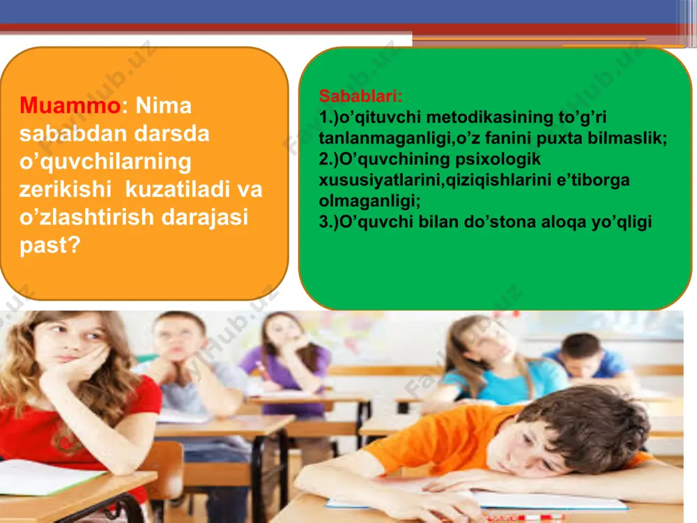 o’quvchi bo’ladi.o’yinni “oksid,asos,kislota,tuzlar”,organik kimyoda ham qo’llash mumkin. “plyus va minus”(+:-) masalan: hard-3000 so’m qiyinroq masala max-reaksiya tenglamani tugallash, koeffisiyetlar tanlash easy- moddaning kimyoviy formulani aytib berish 3000 2000 1000 “pinbord” “pinbord” metodi inglizcha “doskaga yopishtiraman” degan ma’noni anglatadi.o’quvchilar uch guruhga bo’linib oldindan tayyorlanib kelgan kartochkalarni doskaga birin ketin yopishtiradilar.1-guruh oksidlarning nomlari yozilgan kartochkalarni,2-guruh shu oksid nomiga muvofiq keluvchi oksidning empirik formulasi yozilgan kartochkani, 3-guruh esa shu oksidning grafik formulasi yozilgan kartochkani doskaga yopishtiradilar.kartochkalar stol ustida aralshtirilgan holda turadi,shartni tez va to’g’ri bajargan guruh g’olib hisoblanadi.keyingi safar guruhlar o’rin almashishadi. “pinbord” usulining “oksidlar” mavzusiga qo’llash usulidan namuna ushbu metod yordamida “asoslar, kislotalar,tuzlar” hamda organik kimyoda “to’yingan va to’yinmagan uglevodorodlar mavzusiga ham qo’llash mumkin oksidalrning nomlari oksidlarning kimyoviy formulasi oksidlarning grafik formulasi natriy oksidi na2o na-o-na kalsiy oksidi cao ca=o fosfor (v)-oksidi p2o5 azot (i)-oksidi n2o n-o-n aluminiy oksidi al2o3 xlor (vii)-oksidi ci2o5 marganes(ii)-oksidi mno mn=o “halol ishla , halol tekshir!” usuli …