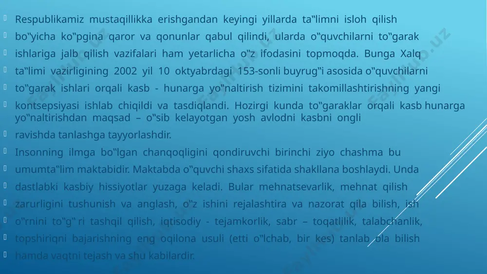 amirida bolaning muloyimligi, niyati, orzusi, kasbga qiziqishi, xohish – istagi va tilagining mazmuni hamda xususiyatidagi o‟zgarishlar yotadi. maktab o‟quvchilarining tahminan 25-30% foizida tanlangan kasbga nisbatan kasbga barqaror qiziqishlar boshlang‟ich kichik yoshlaridayoq shakllanar ekan. o‟qituvchining vazifasi: - o‟quvchilarning qiziqishlarini mumkin qadar oldinroq aniqlashda va davlat, hokimiyat, mahalla, oila talab – ehtiyojlariga muvofiq shu qiziqishlarni rivojlantirishda, inson shaxsini har tomonlama uyg‟un barkamol toptirish uchun shart-sharoitlar yaratishdan iborat. o‟quvchini mehnat qilishga o‟rgatish, nafaqat mehnatni sevishga u bilan shunday uyg‟unlashishiga ko‟niktirish kerakki, mehnat uning vujudiga singib ketsin. ularni kasb hunarga yo‟naltirish, orqali biror kasb egasi bo‟lishida, o‟quvchilar mehnatisiz biror – bir narsaga erisha olmasliklarini tushunib yetsinlari kerak . umumiy o‟rta ta‟lim maktablari boshlang‟ich sinflarida kasb tanlashga yo‟llash va mehnat ta‟limidan dars beradigan o‟qituvchilar yuqori natijalarga, dars samaradorligini erishishi uc hun albatta quyidagilarga e‟tiborni qaratish kerak. - zamonaviy ilmiy - texnikaviy taraqqiyotning va ma‟naviy-moddiy qadriyatlarning mohiyatini chuqur tushuna bilish; - pedagogik texnologiyani, innovatsiya asl mohiyati …