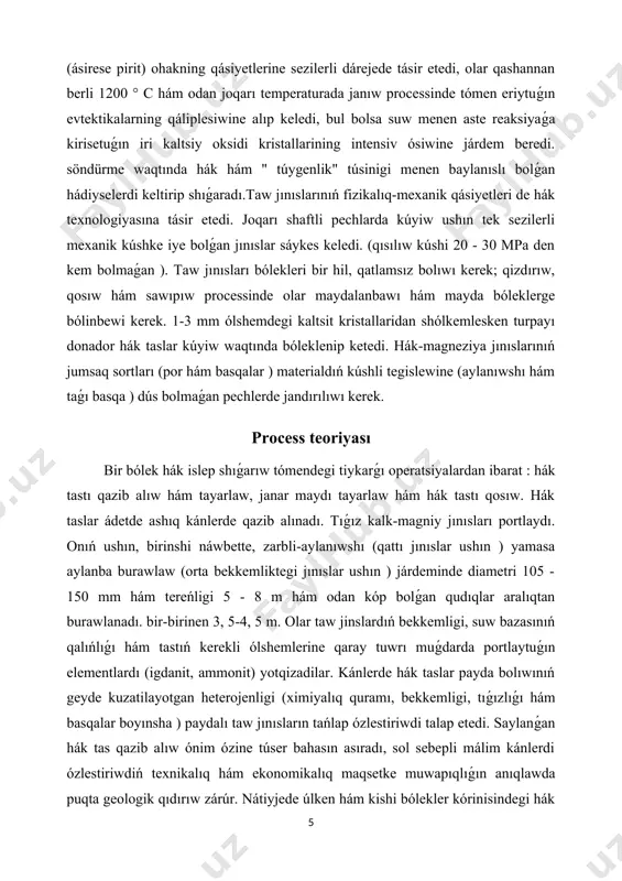 tiledi. quwırıw tiykarǵı esaplanadı. hawa hák óndiriste texnologiyalıq operatsiya. usınıń menen birge, ónim sapasın belgileytuǵın bir qatar quramalı fizikalıq-ximiyalıq processler júz boladı. atıwdan maqset caco 3 hám m g co 3 • caco 3 ni cao, m go hám co 2 ge eń tolıq bóleklew (dissosiatsiya qılıw ) hám bóleksheler hám olardıń gewekleriniń optimal mikro dúzilisine iye joqarı sapalı ónim aldılarr. eger shiyki ónimde ılay hám qumli qospalar bolsa, olar hám karbonatlar arasında kúyiw waqtında silikatlar, aluminatlar, kaltsiy hám magniy ferritlari payda bolıwı menen reaksiyalar júz boladı.hák tastıń tiykarǵı komponenti - kaltsiy karbonattıń ıdıraw reakciyası (dekarbonizatsiya) sxema boyınsha dawam etedi: caco 3 ↔cao + co 2. teoriyalıq tárepten 1 buyım caco 3 (100 g) ni karbonsizlantiriw ushın 179 kj yamasa 1790 kj sarplanadı. 1 kg caco 3. bul halda alınǵan 1 kg cao boyınsha ǵárejetler teń bolıp tabıladı 3190 kj. atıw múddeti, sonıń menen birge, pısırılgen ónim bólekleriniń ólshemine qaray …