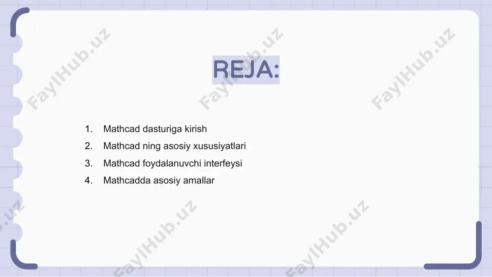 klif etadi. foydalanuvchilar matematik ifodalar va tenglamalarni samarali yaratish va manipulyatsiya qilish uchun mathcad-ning intuitiv tartibida osongina harakat qilishlari mumkin. mathcadda asosiy amallar mathcad foydalanuvchilarga asosiy matematik amallarni osonlik bilan bajarish imkonini beruvchi kuchli vositadir. mathcad oddiy qo'shish va ayirishdan tortib integratsiya va differentsiallash kabi murakkabroq funktsiyalargacha hammasini hal qila oladi. mathcad yordamida foydalanuvchilar matematik ifodalarni tanish formatda kiritishlari mumkin, bu esa tushunish va ular bilan ishlashni osonlashtiradi. ushbu dastur matematik masalalarni yechish jarayonini soddalashtirish va natijalarni aniq va tartibli ko'rsatish uchun mo'ljallangan. mathcad foydalanuvchilarga qulay interfeys va mustahkam funksionallikni ta'minlash orqali foydalanuvchilarga matematik vazifalarni samarali hal qilish va o'z topilmalarini samarali etkazish imkonini beradi. siz boshlang'ich yoki tajribali matematik bo'lasizmi, mathcad muammoni hal qilish va tahlil qilish uchun bebaho vositadir. mathcad da funksiyalar va chizmalar mathcad funksiyalar va grafiklardan foydalangan holda matematik muammolarni hal qilish uchun kuchli vositadir. mathcad funksiyalarini tushunish va ulardan qanday foydalanish mahsuldorlikni va tahlil qilish …