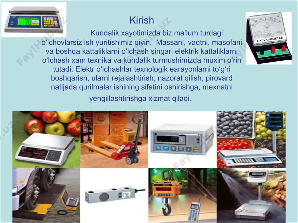 gan kattalik x bilan uning xaqiqiy qiymati x0 orasidagi absolyut farqqa aytiladi, x - x0 bu absolyut xatolikning o‘lchanayotgan kattalikka nisbati nisbiy xatolik deyiladi va foizlarda ifodalanadi. = x/ x0 o‘lchov qurilmalariga qo‘yiladigan talablar. 1. o‘lchash xatoliklarining kamligi. odatda elektr o‘lchov qurilmalari xatoligi bo‘yicha 8 ta aniqlik sinfiga ajratiladi, bular: 0,05; 0,1; 0,2; 0,5; 1,0; 1,5; 2,5; 4,0 % miqdorli aniqliklardir. 2. o‘lchov qurilmasidagi energiyaning isrofi juda kam bo‘lishi talab qilinadi. 3. o‘lchov asbobining tez ishlay olish qobiliyati. 4. izolyasiyalarning mustaxkamligi va elektr xavfsizlik talablari 5 magnitoelektrik sistemalar elektromagnitik sistemalar elektrodinamik sistemalar induksion sistemalar elektrostatik sistemalar ferrodinamik sistemalar magnitoelektrik sistema elektromagnitik sistema 1 - doimiy magnit, 2- qo‘zg‘aluvchan o‘zak, 3- strelka, 4 –spiralsimon prujina, 5 – posang (muvozanatlovchi) toshcha. 1 – qo‘zg‘almas g‘altak, 2- qo‘zg‘aluvchan o‘zak, 3- strelka, 4- spiralsimon prujina, 5- xavoli dempfer. dempfer- qurilmalarni ishlashi jarayogidagi tebranishlarni so‘ndirishga mo‘ljallangan moslama. magnitoelektrik o‘lchov qurilmalarining ishlashi v — vibrasiyaga asosolangan …