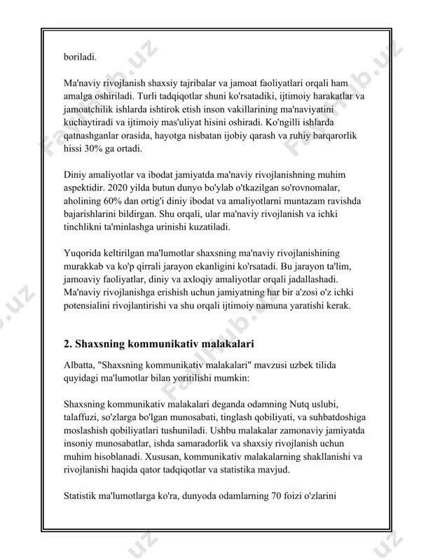omponentlar orqali insonlar samarali kommunikatsiya olib borishga erishadilar. kommunikativ malakalarini rivojlantirish uchun nima qilish kerak? oddiy, lekin samarali maslahatlar mavjud. masalan, muloqot madaniyatini rivojlantirish uchun maktab va boshqa ta'lim muassasalarida maxsus kurslar va ma'ruzalar tashkil etish mumkin. kunlik hayotda komunikativ muhitda aktivlik ko'rsatish, ya'ni ko'proq muloqotlar qilish va o'z tasavvurlaringizni bayon qilish ham juda foydali. kitoblar o'qish orqali so'z boyligini oshirish va turli nutqiy mashqlar orqali talaffuzni yaxshilash tavsiya etiladi. yakuniy, kommunikativ malakalar zamonaviy jamiyatda muvaffaqiyat kalitidir va shaxs rivojlanishida muhim rol o'ynaydi. ushbu malakalarni targ'ib qilish va mustahkamlash har bir insonning shaxsiy va kasbiy hayotida muvaffaqiyatli bo'lishini ta'minlaydi. 3. oila va jamiyatdagi odatlar oila va jamiyatdagi odatlar mavzusi inson hayotidagi muhim jihatlardan biri hisoblanadi. odatlar - bu kishilar yoki ijtimoiy guruhlar tomonidan doimiy ravishda amal qilinadigan harakatlar yoki urf-odatlar to'plamidir. oila va jamiyatdagi odatlar ko'plab sohalarda o'z aksini topadi, jumladan, ijtimoiy, madaniy, iqtisodiy va tarbiyaviy jarayonlarda. 1. **nikoh odatlari**: …