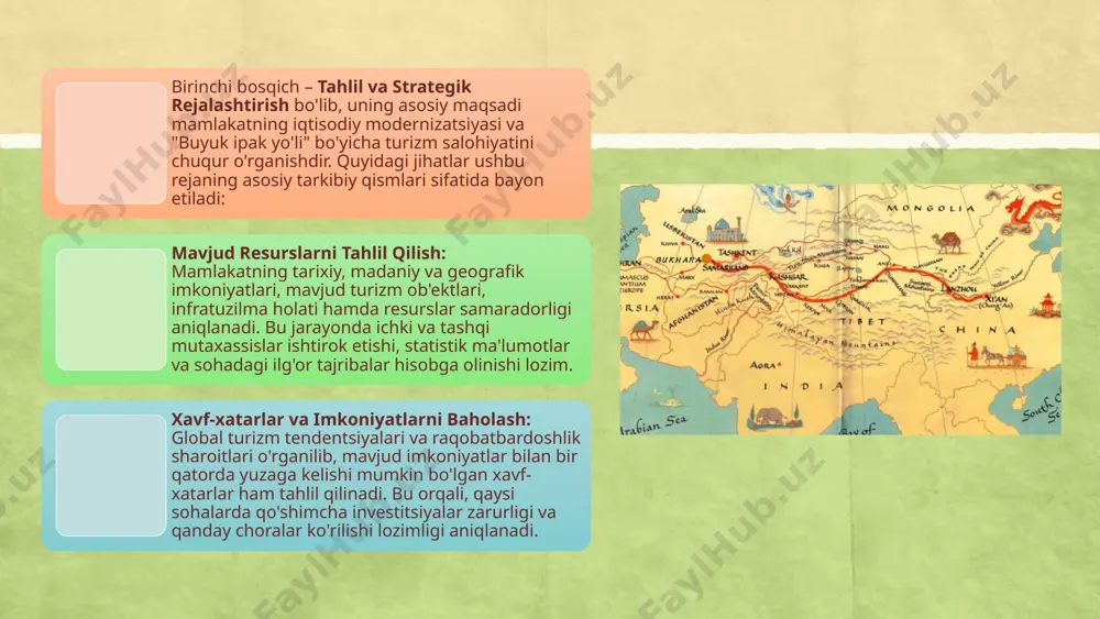 sohasida raqobatbardoshlikni kuchaytiradi va sayyohlarning qulay harakatlanishini ta'minlaydi. uchinchi bosqich – xalqaro hamkorlik va marketing strategiyasi. ushbu bosqichda quyidagi asosiy yo‘nalishlar ko‘zda tutiladi: xalqaro hamkorlikni mustahkamlash: mamlakatni xalqaro turizm bozori bilan bog‘lash uchun mintaqaviy va global turizm tashkilotlari, xorijiy investitsiyalar va turizm ekspertlari bilan hamkorlik aloqalari o‘rnatiladi. konsortsiumlar va qo‘shma loyihalar orqali “buyuk ipak yo‘li” yo‘nalishidagi imkoniyatlarni kengaytirish maqsad qilinadi. jahon bozorida brendlashuv: “buyuk ipak yo‘li” turizm salohiyatini jahon bozorida tanitish uchun targ‘ibot kampaniyalari, xalqaro yarmarkalar, festivallar va ko‘rgazmalar tashkil etiladi. bu orqali yo‘nalishning noyob tarixi, madaniy merosi va geografik afzalliklari keng auditoriyaga yetkaziladi. mahalliy biznes va qo‘shimcha xizmatlar: mahalliy turizm biznesi qo‘llab-quvvatlanib, qo‘shimcha xizmatlar (masalan, maxsus ekskursiyalar, gastronomik turlar, hunarmandchilik mahsulotlari) rivojlantiriladi. bu nafaqat sayyohlik tajribasini boyitadi, balki mahalliy iqtisodiyotni diversifikatsiya qilishga yordam beradi. strategik marketing va raqamli platformalar: raqamli marketing strategiyalari, onlayn platformalar va ijtimoiy tarmoqlar orqali “buyuk ipak yo‘li” brendi mustahkamlanadi. interaktiv veb-saytlar, mobil ilovalar va virtual …