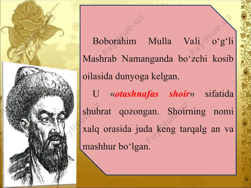 yorqin namunalaridir. ularda tasavvufning eng qiyin va mushkul muammolari ham nisbatan oson va qulay shakllarda tasvirlab berilgan. ayni mana shu xislatlar uning she’rlari xalq orasida ommalashib tez yodlanishi va hofizlar tomonidan kuyga solinib ijro etilishida bosh omil bo‘lgan. «tariyqi ishq aro noyob» bo‘lgan mashrab misralaridagi insoniy tuyg‘ular tasviri favqulodda ta’sirchanligi bilan ajralib turadi. bunda ulardagi so‘z va iboralarning mavzu va maqsadga munosib va muvofiqligi, qofiyalarning to‘la va ohangdorligi, vaznl arning tovlanishi, goho bosiq, goho o‘yn oqiligi yetakchi o‘rin tutadi. quyidagi misralar aruz talablariga qanchalik mos bo‘lsa, barmoq talablariga ham shunchalik to‘la va mukammal javob bera oladi: mashrab she’rlarida ijtimoiy muammolar talqini va tanqidi ham katta o‘rin tutadi. o‘zbek tasavvuf adabiyoti mashrab qiyofasida yangi bosqichga ko‘tarildi. bu yo‘nalishda uning: soldim tun-u kun nafs itim birla urushni, tanho qilichi birla urub hay-haylab o‘ttum, – yoki «ma’rifatni xonaqosina qadam kelturmisham» singari bayt va misralari e’tiborga loyiqdir. «bir xudodin o‘zgasi barcha g‘alatdur, mashrabo» degan …