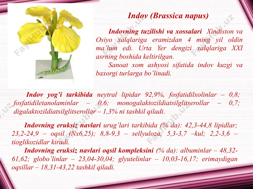 iladi. yeryong’oq urug’laridan salatlar uchun ozuqaviy yog’ va margarin ishlab chiqarish uchun yeryong’oq palmitini olinadi. yeryong’oq urug’lari qandolat maxsulotlariga qo’shiladi, undan yeryong’oq «suti» va yeryong’oqli «sariyog’» olinadi. yeryong’oq urug’larining katta qismi bevosita ovqatlanishga ishlatiladi. soya (glycine) soyaning tuzilishi va xossalari. soya (glycine) bir yillik o’tsimon o’simlik bo’lib, mevasi qilichsimon, ba’zida to’g’ri yoki o’roqsimon bo’lishi mumkin. mevalarda 2-3 ta urug’ bor. soya urug’lari sharsimon va ovalsimon, qavariq yoki tekis. bu o’simlikning turli tuman xillaridan ma’daniy soya ko’proq yetishtiriladi. soyaning turi hammasi bo’lib 600 tagacha yetadi. soya insoniyatga juda qadimdan eramizdan 7000 yil oldin ma’lum bo’lgan. ma’daniy soyaning vatani sharqiy osiyo (xitoy va yaponiya) hisoblanadi. qadimdan soya ovqatga souslar, «sut», «tvorog», pasta ko’rinishida iste’mol qilingan. xozirgi kunda soya 85-90% hayvon ozuqasi sifatida, 8-10% ozuqa maqsadlarida, 2-5% texnik maqsadlar uchun ishlatiladi. foydalanilgan adabiyotlar: 1. v.g.sherbakov «bioximiya i tovarovedeniye maslichnogo sirya». –4-ye izd.,pererab i dop.-m., agropromizdat, 1991.-304 s. 2. ezau k. «anatomiya semyannix rasteniy». …