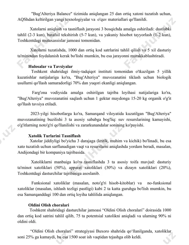 malga oshiriladi: dastlabki tahlil (2-3 kun), batafsil tekshirish (5-7 kun), va yakuniy hisobot tayyorlash (1-2 kun), toshkentdagi mutaxassislar jamoasi tomonidan. xatolarni tuzatishda, 1000 dan ortiq kod satrlarini tahlil qilish va 5 xil dasturiy ta'minotdan foydalanish kerak bo'lishi mumkin, bu esa jarayonni murakkablashtiradi. hulosalar va tavsiyalar toshkent shahridagi ilmiy-tadqiqot instituti tomonidan o'tkazilgan 5 yillik kuzatishlar natijalariga ko'ra, "bug'alteriya" muvozanatini tiklash uchun biologik usullarni qo'llash samaradorligi 70% dan yuqori ekanligi aniqlangan. farg'ona vodiysida amalga oshirilgan tajriba loyihasi natijalariga ko'ra, "bug'alteriya" muvozanatini saqlash uchun 1 gektar maydonga 15-20 kg organik o'g'it qo'llash tavsiya etiladi. 2023-yilgi hisobotlarga ko'ra, samarqand viloyatida kuzatilgan "bug'alteriya" muvozanatining buzilishi 3 ta asosiy sababga bog'liq: suv resurslarining kamayishi, o'g'itlarning noto'g'ri qo'llanilishi va zararkunandalar sonining ko'payishi. xatolik turlarini tasniflash xatolar jiddiyligi bo'yicha 3 darajaga (kritik, muhim va kichik) bo'linadi, bu esa xato tuzatish uchun sarflanadigan vaqt va resurslarni aniqlashda yordam beradi, masalan, andijondagi bir kompaniya tajribasida. xatoliklarni manbaiga ko'ra tasniflashda 3 …