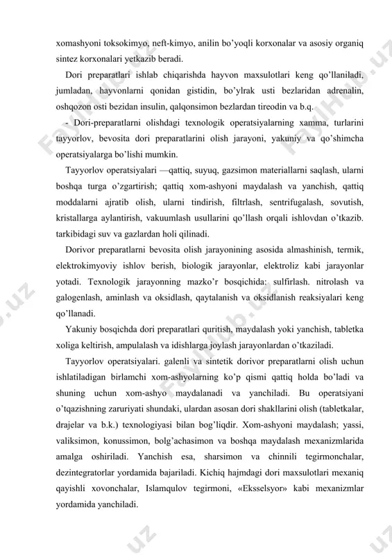 ajelar va b.k.) texnologiyasi bilan bog’liqdir. xom-ashyoni maydalash; yassi, valiksimon, konussimon, bolg’achasimon va boshqa maydalash mexanizmlarida amalga oshiriladi. yanchish esa, sharsimon va chinnili tegirmonchalar, dezintegratorlar yordamida bajariladi. kichiq hajmdagi dori maxsulotlari mexaniq qayishli xovonchalar, islamqulov tegirmoni, «eksselsyor» kabi mexanizmlar yordamida yanchiladi. birlamchi xom-ashyolarni maydalash, yanchish va tarkibiy qismlarga ajratishdagi kasbiy zararlar chang, intensiv shovqin va umumiy tebranish xisoblanadi. changlar birlamchi xom-ashyolarni tushirish, ularni maydalash va yanchish va maydalanga, yanchilgan maxsulotlarni chiqish joylarida kuzatiladi. gigiyena nuqtai-nazaridan materiallarni fraksiyalarga (tarkibiy qismlarga bo’lish) ajratish eng nomuvofiq operatsiya xisoblanadi. unda qo’llanadigan havo separatorlari va mexaniq elaklar changlarni ajralishida asosiy manba bo’lib xizmat qiladi. kichiq hajmli dorivor preparatlarni ishlab chiqarishda (garmonal preparatlar) - maxsulotlari elakdan, o’tkazishda ko’pincha qo’lda ishqalashga to’g’ri kelinadi, bu o’z o’rnida changning ajralishi va ishchilarning badan terilari va maxsus kiyimlarining ifloslanishiga sababchi bo’ladi. changning ajralishiga qarshi ko’rashish uchun texnologik jarayonlar va jihozlarni to’g’ri tashqil qilish, chang hosil bo’ladigan joylarni berkitish bilan changlangan …