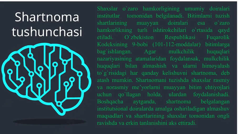 ari bir necha xilda bo`ladi: oddiy, uning doirasida nazorat aynan unga nazorat qilish huquqi topshirilgan shaxs tomonidan amalga oshiriladi; murakkab, bunda unga nazorat qilish huquqi topshiriladigan shaxs bir vaqtning o`zida ushbu huquqni uchinchi shaxslarga topshirish huquqini ham qo`lga kiritadi; pesonafikatsiyalangan, unda nazorat qilish muayyan shaxsga topshiriladi; pozitsion, u nazoratning muayyan shaxsga emas, balki jamiyatning institutsional tarkibida (davlat apparatida, firmaning ichki tuzilishida va h.k.) muayyan mavqega ega bo`lgan shaxsga topshirilishini nazarda tutadi. sotish shartnomalarining ham bir nechta shakllari (turlari) mavjud. mahsulot yetkazib berish tovarlar yetkazib berish to’g’risidagi davlat kontrakti energiya ta’minoti chakana oldi-sotdi ko’chmas mulkni sotish korxona sotish endi yollash to`g`risidagi shartnoma bilan sotish to`g`risidagi shartnomani o`zaro taqqoslagan holda, bevosita shartnoma tarkibini muhokama qilishga kirishamiz. “ ” shartnomalarning xillari neoklassik. shartnomaning uchta bazaviy xili ma’lum klassik implitsit 03 02 01 neoklassik yoki gibrid, «munosabatli» shartnoma o`zida ham yollash to`g`risidagi shartnomaning, ham sotish to`g`risidagi shartnomaning unsurlarini birlashtiradi va tomonlarga kutilmagan holatlar sodir …