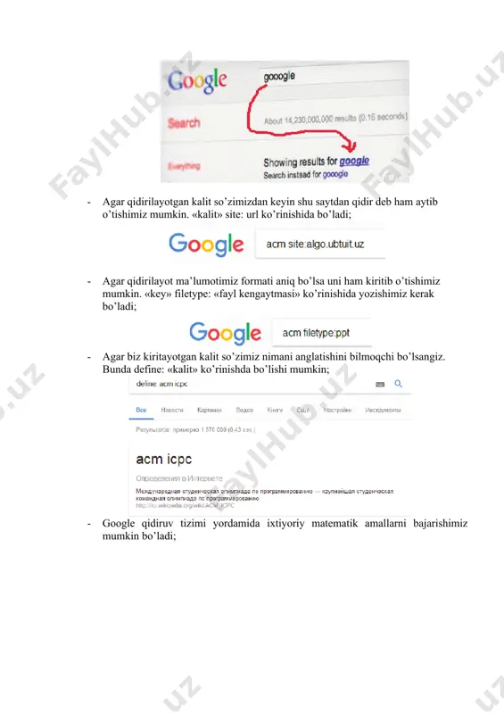 ’rinishda bo’lishi mumkin; · google qidiruv tizimi yordamida ixtiyoriy matematik amallarni bajarishimiz mumkin bo’ladi; yuqorida keltirilgan qidiruv tizimlari qatorida yana ko’plab qidiruv tizimlari mavjud va ushbu qidiruv tizimlari orqali ulardan oqilona foydalangan holda istalgan ma’lumotimizga ega bo’lishimiz mumkin. amaliy mashg’ulot topshiriqlari 1. siz ko’proq qaysi qidiruv tizimlaridan foydalanasiz va yana qanday qidiruv tizimlarini bilasiz, shular haqida yozing. 2. biror qidiruv tizimidan foydalanib “axborot texnologiyalari” faniga mos adabiyotlarni toping va ko’chirib oling. 3. sohangizga oid yangiliklarni qidirib toping. 4. zamonaviy uylarning faqat rasmlarni toping. 5. milliy qidiruv tizimimizdan foydalanib sohangizga doir biror referat yoki kurs ishini yuklab oling. amaliy mashg`ulotni bajarish tartibi: 1. amaliy mashg`ulot ishining uslubiy qismini o`rganib chiqing. 2. topshiriqlar to`plamidan topshiriqlarni tanlab oling. 3. topshiriqni qo`yilgan sharti asosida bajaring va daftaringizga rasmiylashtiring. image3.png image4.png image5.png image6.png image7.png image8.png image9.png image10.png image1.png image2.png