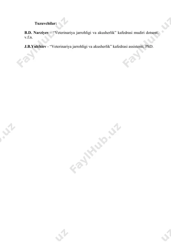 3.6. ko’krak devorining anatomo-topografik tuzilishi. nervlarini og’riqsizlantirish. 2 3.7 qovurg’ani kesish texnikasi 2 iv-bob. qorin soxasi, jinsiy va ayirish organlari hamda oyoqlardagi operatsiyalar 4.1. qorinning anatomo-topografik tuzilishi, nervlarni og’riqsizlantirish 2 4.2. kavsh qaytaruvchi hayvonlarda ruminotomiya operatsiyasi texnikasi 2 4.3. itlarda gastrotomiya texnikasi 2 4.4 ichaklarni kesish texnikasi 2 4.5. dabbalar va ularni xirurgik usulda davolash 2 4.6. jinsiy va ayirish a’zolaridagi operatsiyalar, anatomo-topografik tuzilishi, nervlarni og’riqsizlantirish 2 4.7. urgochi hayvonlar jinsiy organlarlarida o’tkaziladigan operatsiyalar 2 4.8. oyoqlarning anatomo-topografik tuzilishi, nervlarni og’riqsizlantirish 2 4.9. barmoq amputasiyasi 2 i bob. kirish. operatsiya to’g’risida ta’limot mashg’ulot №1 xirurgik klinika bilan tanishish va unda xirurgik ishlarni tashkil etish. hayvonlarni fiksatsiya qilish prinsiplari dars maqsadi: xirurgik klinika tarixi, xonalari va ulardagi asbob-uskunalar, operatsiya qilish xonasi va unda ishlash, hayvonlar fiksatsiyasi, turlari, maqsadi, ahamiyati haqida tushuncha beriladi. jihozlar, asbob-uskunalar: xirurgik klinika xonalari, jihozlar, rangli jadvallar, mayda, katta va yirtqich hayvonlarni tik turgan va yotgan holatda fiksatsiya …