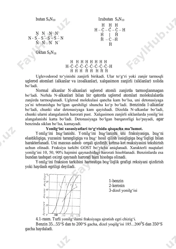 hanadi. 1m 3 yoki 1 mol gaz yonilg‘isi uchun snhmor+n2=1 avtomobil dvigatellarida suyultirilgan gaz yoki siqilgan gazlar ishlatiladi. siqilgan gazlar asosan metan, erkin vodorod, uglerod oksidi (so) va ma’lum miqdorda yonmaydigan inert gazlardan (azot, karbonat angidrid -so2, kislorod va boshqalar) tashkil topgan bo‘ladi. normal haroratda gazlar 20 mpa gacha siqiladi va suyuq holga o‘tmaydi. siqiladigan gazlar yuqori yonish issiqligiga (nu=23...7,5 mdj/m 3 ) va o‘rtacha yonish issiqligiga (nu=14,5...23 mdj/m 3 ) ega bo‘ladi. yuqori issiqlikda yonadigan gazlar: tabiiy, neftli, kanalizasiya gazlari hamda metan fraksiyalari koks gaz. o‘rtacha qiymatligiga: koksli shahar va sanoatni ba’zi bir turli gazlari. suyultirilgan gazlar: propan, butan va uni izomeridan, ma’lum miqdorda etan va kam miqdorda pentandan iborat. t=15 0 c va rv=1,6 mpa siqilgan gaz ishlatilganda ballondan issituvchi va reduktor orqlai bosimi 0,1 mpa gacha tushuriladi. butan s4n10 izubutan s4n10 n n n n n - s – s – s – s – n n …