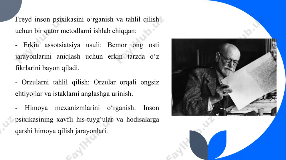 aga yo‘naltirilgan deb hisoblagan. - zamonaviy psixologlar uning nazariyalarini yangi metodlar bilan boyitmoqda. xulosa z. freydning psixoanalitik ta’limoti inson psixikasining ongsiz jarayonlari va shaxsiyat tuzilishini o‘rganishda inqilobiy ahamiyat kasb etdi. freyd tomonidan ishlab chiqilgan “id”, “ego” va “superego” konsepsiyalari, psixoseksual rivojlanish bosqichlari va himoya mexanizmlari nazariyasi zamonaviy psixologiya va psixoterapiyaning poydevorini yaratdi. ushbu ta’limot insonning ichki dunyosini anglash, ruhiy buzilishlarni aniqlash va davolashga oid yondashuvlarni shakllantirdi. freydning nazariyalari faqat tibbiyot va psixologiya bilan cheklanib qolmay, adabiyot, san’at, madaniyat va ilmiy tadqiqotlar sohalarida ham muhim iz qoldirdi. har qanday tanqidlarga qaramay, uning psixoanalitik ta’limoti inson ongining murakkabligini anglash yo‘lidagi beqiyos yutuq sifatida qadrlanadi. https://ru.wikipedia.org https://www.stanfordchildrens.org https://choc.org https://cyberleninka.ru https://childdevelopmentinfo.com foydalanilgan adabiyotlar e’tiboringiz uchun raxmat!!! image1.png image2.jpeg image3.jpeg image4.jpeg image5.jpeg image6.jpeg image7.jpeg /docprops/thumbnail.jpeg