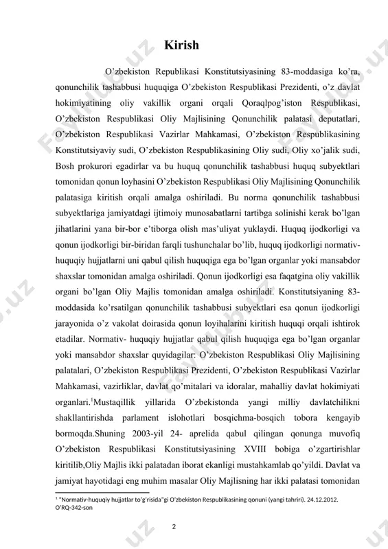 ilar. normativ- huquqiy hujjatlar qabul qilish huquqiga ega bo’lgan organlar yoki mansabdor shaxslar quyidagilar: o’zbekiston respublikasi oliy majlisining palatalari, o’zbekiston respublikasi prezidenti, o’zbekiston respublikasi vazirlar mahkamasi, vazirliklar, davlat qo’mitalari va idoralar, mahalliy davlat hokimiyati organlari.[footnoteref:1]mustaqillik yillarida o’zbekistonda yangi milliy davlatchilikni shakllantirishda parlament islohotlari bosqichma-bosqich tobora kengayib bormoqda.shuning 2003-yil 24- aprelida qabul qilingan qonunga muvofiq o’zbekiston respublikasi konstitutsiyasining xviii bobiga o’zgartirishlar kiritilib,oliy majlis ikki palatadan iborat ekanligi mustahkamlab qo’yildi. davlat va jamiyat hayotidagi eng muhim masalar oliy majlisning har ikki palatasi tomonidan ko’rib chiqiladi va hal etiladi. qonun ijodkorligi jarayonida muhim bosqchdan biri hisoblangan qonunchilik tashabbusi huquqi o’zi nimaligi, kimlarga tegishli ekanligi haqidagi savollarga quydagicha javoblar berilgan. qonun chiqarish jarayonidagi eng muhim bosqich hisoblangan qonunchilik tashabbusini amalga oshirish to’g’risida tasavvurga ega bo’lish uchun, birinchi navbatta, uning mohiyatiga etibor qaratish o’rinli. “qonunchilik tashabbusi huquqi” deganda,konstitutsiyada belgilangan davlar organlari, tashkilotlar va shaxslarning qonun chiqaruvchi organga qonunchilikka oid qonun loyihasini taqdim etishdan iborat subyektiv …