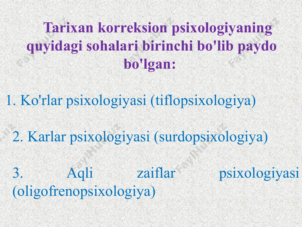 i oshirish zarurligi har qachongidan ham muhim. korreksion psixologiya boshqa fanlar singari turli fanlar bilan uzviy bog’liq. oligofrenopedagogika, psixiatriya, fiziologiya, logopediya, umumiy va bolalar psixologiyasi va boshqa fanlar shular jumlasiga kiradi. aqli zaif bolalar ruhiyatining o’ziga xosligi hozirgi zamon ilg’or fan yutuqlarining natijalari bilan bog’lab o’rganiladi. normal va nuqsonli bola taraqqiyoti umumiy, yagona qonuniyatlar asosida kechishini hisobga olsak, normal bolalar psixologiyasi fani aqli zaif bolalar psixologiyasi uchun ilmiy asos rolini o’taydi. ammo, aqli zaif bolalar taraqqiyoti o’ziga xos yo’sinda amalga oshadi. umumiy va ijtimoiy psixologiya ma’lumotlariga asoslanib, aqli zaif bolalar psixologiyasi ish yuritadi. aqli zaif bolalar psixologiyasi yosh davrlar psixologiyasi yutuqlariga ham suyanadi. qaysi yoshda, qaysi ruhiy holatlar, qay darajada o’sishini, rivojlanishini bilib ish yuritadi. pedagogik psixologiya ham aqli zaif bolalar psixologiyasi uchun yetarli ma’lumotlar beradi. e’tiboringiz uchun rahmat! image4.png image5.png image6.png image7.png image8.png image3.jpeg /docprops/thumbnail.jpeg
