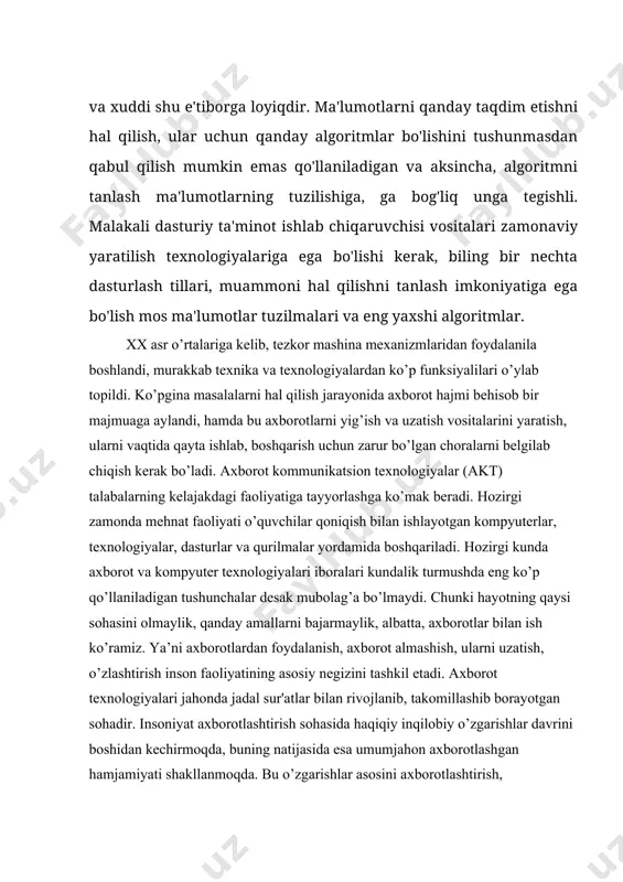 hal qilish uchun ishlab chiqilgan. usul o'ziga xos xususiyatga bog'liq emas kompyuter va turli xil kompyuterlar va tillarga mos keladi dasturlash. muammoni hal qilish usulini aniqlash uchun zarur dasturni emas, balki usulni o'rganing. "algoritm" atamasi uchun ishlatiladi shaklda amalga oshirish uchun mos bo'lgan muammoni hal qilish usulining tavsifi kompyuter dasturi. algoritmlar ma'lumotlarni jalb qilish usullariga tegishli hisob-kitoblar. shu tarzda yaratilgan ob'ektlar strukturalar deb ataladi.ma'lumotlar. ular yon mahsulotlar yoki tayyor mahsulotlar sifatida mavjud. algoritmlari va kompyuterda o'rganishning asosiy ob'ekti hisoblanadi fanlar. oddiy algoritmlar ma'lumotlarning murakkab tuzilmalarini yaratishi mumkin va aksincha, murakkab algoritmlar oddiy ma'lumotlar tuzilmalaridan foydalanishi mumkin. kurs ishining dolzarbligi asosiy ta'lim maqsadi konsolidatsiya qilishdir dasturiy ta'minot bo'yicha nazariy bilimlar va amaliy ko'nikmalarni egallash ma'lumotlarning murakkab tuzilmalarini va ularni qayta ishlash algoritmlarini amalga oshirish va tahlil qilish. kurs ishining vazifasi - muammoni hal qilish algoritmini dasturiy ta'minot bilan amalga oshirish; - dasturiy ta'minot algoritmini tahlil qilish; - algoritmni eksperimental o'rganishni o'tkazish …