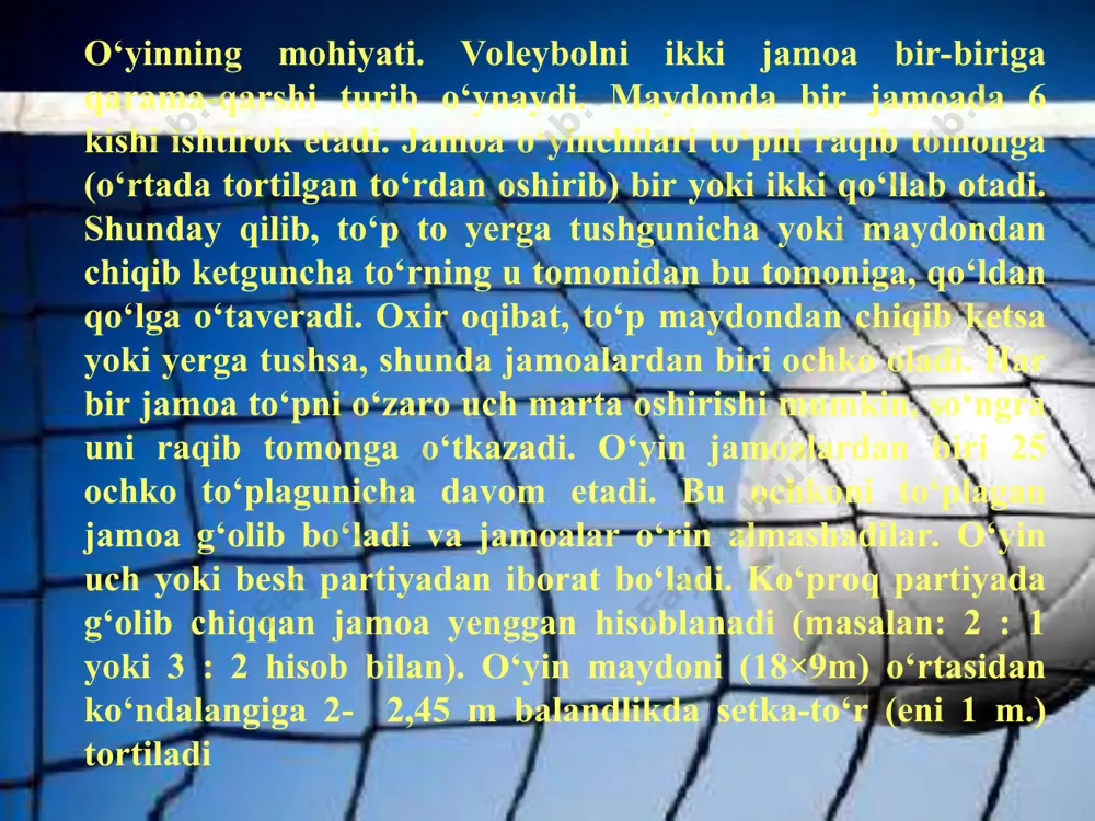 ,5 m dan kam) va uzoqroq (0,5 m dan ortiqroq) bo‘lishi bilan farqlanadi. to‘pni ikki qo‘llab yuqoridan uzatish. bu usul ancha keng tarqalgan. uzatishdagi ishonchlilik va aniqlik uning muhim tomonidir. dastlabki holatda o‘yinchining oyoqlari tizzalardan bukiladi, qo‘llari oldinga chiqqan (tirsaklar partada turgandek), kaftlar ichkariga qaragan, panjalar tarang holatda bo‘ladi. to‘p yaqinlashganda oyoqlar to‘g‘rilanadi va gavda, qo‘llar ko‘tariladi va to‘pni qabul qilishga tayyorlanadi. qo‘l, gavda va oyoq harakatlari bir-biriga muvofiqlashadi. bu esa to‘pni tegishli joyga yuborish imkonini beradi. uzatishning boshqa turlari qatori—ikki qo‘llab sakrab yuqoridan, bir qo‘llab yuqoridan uzatishlar keng qo‘llanadi, ammo bular ichida ikki qo‘llab pastdan uzatish kamroq qo‘llanadi. har bir voleybolchi tez va aniq to‘p uzatishni o‘rganishi, uni uzunasiga, balandga, yo‘nalish bo‘yicha zarb berish ko‘nikmasiga ega bo‘lishi zarur. to‘pni qabul qilib olish. bu raqiblar hujumidan keyin o‘yinda to‘pni saqlab qolishdagi himoya usulidir. to‘pni pastdan ikki qo‘llab qabul qilib olish zamonaviy voleybolda asosiy usul hisoblanadi. u hujumni, kuchli zarbni yengil …