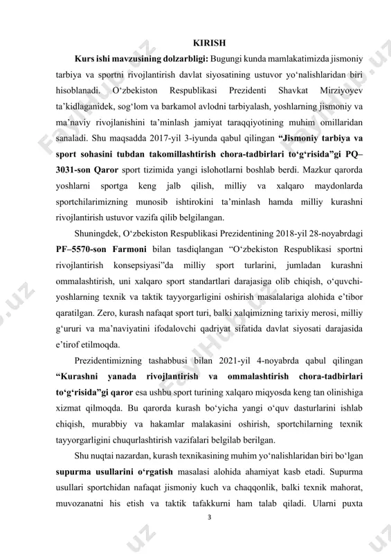 e’tibor qaratilgan. zero, kurash nafaqat sport turi, balki xalqimizning tarixiy merosi, milliy g‘ururi va ma’naviyatini ifodalovchi qadriyat sifatida davlat siyosati darajasida e’tirof etilmoqda. prezidentimizning tashabbusi bilan 2021-yil 4-noyabrda qabul qilingan “kurashni yanada rivojlantirish va ommalashtirish chora-tadbirlari to‘g‘risida”gi qaror esa ushbu sport turining xalqaro miqyosda keng tan olinishiga xizmat qilmoqda. bu qarorda kurash bo‘yicha yangi o‘quv dasturlarini ishlab chiqish, murabbiy va hakamlar malakasini oshirish, sportchilarning texnik tayyorgarligini chuqurlashtirish vazifalari belgilab berilgan. shu nuqtai nazardan, kurash texnikasining muhim yo‘nalishlaridan biri bo‘lgan supurma usullarini o‘rgatish masalasi alohida ahamiyat kasb etadi. supurma usullari sportchidan nafaqat jismoniy kuch va chaqqonlik, balki texnik mahorat, muvozanatni his etish va taktik tafakkurni ham talab qiladi. ularni puxta o‘zlashtirish yosh sportchilarning musobaqalardagi samarali ishtirokini ta’minlaydi, malakali kurashchilarning esa yutuqlarini yanada mustahkamlaydi. shu bois supurma usullarini o‘rgatish jarayonini ilmiy-uslubiy asosda tashkil etish, mavjud tajribalarni tahlil qilish hamda amaliy mashg‘ulotlarda samarali metodlardan foydalanish bugungi kunning dolzarb vazifalaridan biridir. kurs ishining maqsadi: …
