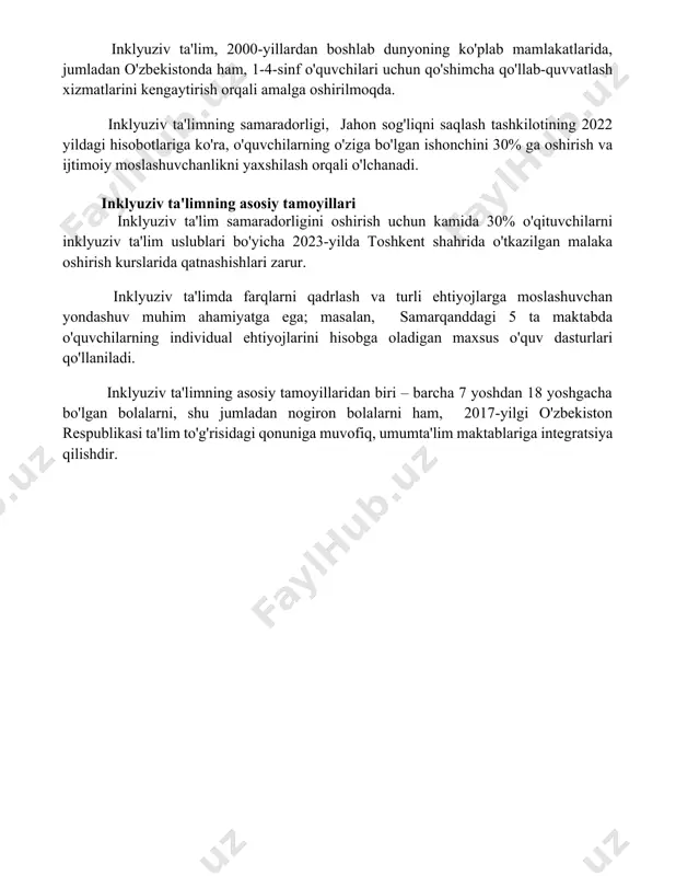 un kamida 2 ta turli o'quv uslubi va moslashtirilgan dasturlarni qo'llash muhim ahamiyatga ega. integratsiya va inklyuziv ta'limning mohiyati integratsiya jarayoni, masalan, toshkent shahridagi 5-maktabda, turli ehtiyojlarga ega bo'lgan 20 dan ortiq o'quvchini umumta'lim maktabiga muvaffaqiyatli qo'shish orqali, inklyuziv muhit yaratishga qaratilgan. inklyuziv ta'lim, 2000-yillardan boshlab dunyoning ko'plab mamlakatlarida, jumladan o'zbekistonda ham, 1-4-sinf o'quvchilari uchun qo'shimcha qo'llab-quvvatlash xizmatlarini kengaytirish orqali amalga oshirilmoqda. inklyuziv ta'limning samaradorligi, jahon sog'liqni saqlash tashkilotining 2022 yildagi hisobotlariga ko'ra, o'quvchilarning o'ziga bo'lgan ishonchini 30% ga oshirish va ijtimoiy moslashuvchanlikni yaxshilash orqali o'lchanadi. inklyuziv ta'limning asosiy tamoyillari inklyuziv ta'lim samaradorligini oshirish uchun kamida 30% o'qituvchilarni inklyuziv ta'lim uslublari bo'yicha 2023-yilda toshkent shahrida o'tkazilgan malaka oshirish kurslarida qatnashishlari zarur. inklyuziv ta'limda farqlarni qadrlash va turli ehtiyojlarga moslashuvchan yondashuv muhim ahamiyatga ega; masalan, samarqanddagi 5 ta maktabda o'quvchilarning individual ehtiyojlarini hisobga oladigan maxsus o'quv dasturlari qo'llaniladi. inklyuziv ta'limning asosiy tamoyillaridan biri – barcha 7 yoshdan 18 yoshgacha bo'lgan bolalarni, …