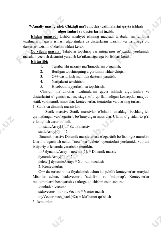 hun daraxtlar? 1. daraxtlardan foydalanishning bir sababi tabiiy ravishda ierarxiyani shakllantiradigan ma’lumotlarni saqlamoqchi bo‘lganligingiz bo‘lishi mumkin. masalan, kompyuterdagi fayl tizimi(7-rasm): 7-rasm. daraxt ma’lumotlar tuzilmasini fayl tizimlariga tadbiqi. 2. daraxtlar (ba’zi buyurtma bilan, masalan, bst) o‘rtacha kirish / qidirishni ta’minlaydi (bog‘langan ro‘yxatdan tezroq va massivlardan sekinroq). 3. daraxtlar o‘rtacha kiritishni / o‘chirishni ta’minlaydi (arraylardan tezroq va tartibsiz bog‘langan ro‘yxatlarga qaraganda sekinroq). 4. bog‘langan ro‘yxatlar singari va massivlardan farqli o‘laroq, daraxtlar tugunlar sonining yuqori chegarasiga ega emas, chunki tugunlar ko‘rsatgichlar yordamida bog‘langan. daraxtlarning asosiy dasturlariga quyidagilar kiradi: 1. ierarxik ma’lumotlarning manipulyatsiyasi. 2. ma’lumotni qidirishni osonlashtiring (daraxtlarni kesib o‘tishga qarang). 3. ma’lumotlarning saralangan ro‘yxatlarini manipulyatsiya qilish. 4. vizual effektlar uchun raqamli tasvirlarni kompozitsiya qilish uchun ish oqimi sifatida. 5. router algoritmlari 6. ko‘p bosqichli qaror qabul qilish shakli (qarang biznes shaxmat). ikkilik daraxt: elementlari ko‘pi bilan 2 ta bolaga ega bo‘lgan daraxt binar daraxt deb ataladi. ikkilik daraxtdagi har bir element faqat 2 …