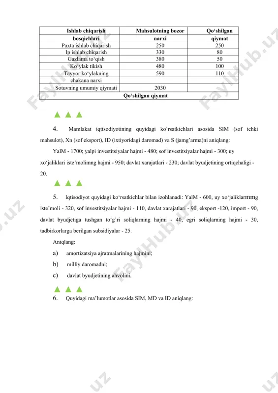 hki mahsulot), xn (sof eksport), id (ixtiyoridagi daromad) va s (jamg’arma)ni aniqlang: yalm - 1700; yalpi investitsiyalar hajmi - 480; sof investitsiyalar hajmi - 300; uy xo‘jaliklari iste’molimng hajmi - 950; davlat xarajatlari - 230; davlat byudjetining ortiqchaligi - 20. ▲ ▲ ▲ 5. iqtisodiyot quyidagi ko‘rsatkichlar bilan izohlanadi: yalm - 600, uy xo‘jaliklarmmg iste’moli - 320, sof investitsiyalar hajmi - 110, davlat xarajatlari - 90, eksport -120, import - 90, davlat byudjetiga tushgan to‘g’ri soliqlarning hajmi - 40, egri soliqlarning hajmi - 30, tadbirkorlarga berilgan subsidiyalar - 25. aniqlang: a) amortizatsiya ajratmalarining hajmini; b) milliy daromadni; c) davlat byudjetining ahvolini. ▲ ▲ ▲ 6. quyidagi ma’lumotlar asosida sim, md va id aniqlang: yaim 6500 amortizatsiya ajratmalari 500 korporatsiyalarning taqsimlanmagan foydasi 300 ijtimoiy sug’urta to‘lovlari 320 transfert to‘lovlari 500 korporatsiyalar foydasiga soliqlar 120 shaxsiy soliqlar 610 biznesga egri soliqlar 400 ▲ ▲ ▲ 7. faraz qilaylik, 3 xil ne’mat ishlab …