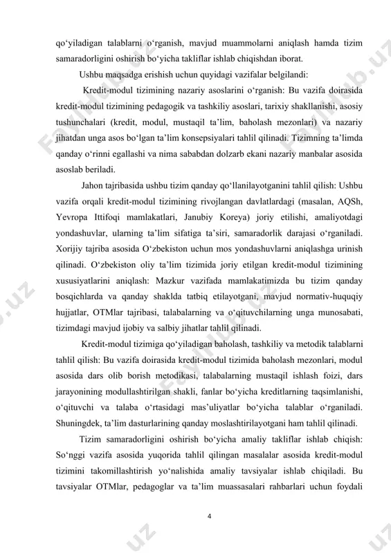 ashtiriladi va umumiy xulosalar chiqariladi. bu metod tizimning asosiy xususiyatlarini va uning oliy ta’limdagi o‘rnini to‘liq tushunishga yordam beradi. taqqoslash: bu metod orqali o‘zbekiston va boshqa davlatlardagi kredit-modul tizimi tajribalari solishtiriladi. jahonning ilg‘or ta’lim tizimlaridagi kredit-modul tizimi joriy etilishining muvaffaqiyatlari va xatoliklarga oid misollar ko‘rib chiqiladi. o‘zbekiston oliy ta’lim tizimida amalga oshirilgan o‘zgarishlar, tizimni joriy qilish jarayonidagi xususiyatlar, muammolar va ijobiy natijalar taqqoslanadi. bu usul mamlakatimizdagi tizimni yaxshilash uchun yangi yondashuvlar va metodlarni aniqlashga yordam beradi. empirik kuzatuv: ushbu metod yordamida amaliyotdagi mavjud tajribalar, ya’ni ta’lim muassasalarida kredit-modul tizimining qo‘llanilishi o‘rganiladi. empirik kuzatuv orqali otmlar o‘rtasidagi farqlar, talabalarning tizimga munosabati, tizimni qo‘llashdagi usullar va uslubiy yondashuvlar tahlil qilinadi. shuningdek, amaliyotdan olingan misollar orqali tizimning samaradorligi haqida tahliliy xulosalar chiqariladi. hujjatlar tahlili: bu metod orqali o‘zbekiston respublikasi ta’lim sohasidagi normativ-huquqiy hujjatlar, qonunlar, qarorlar, farmonlar va ta’lim sohasiga oid metodik materiallar chuqur tahlil qilinadi. o‘zbekiston prezidentining farmonlari, hukumat qarorlari va oliy ta’lim …