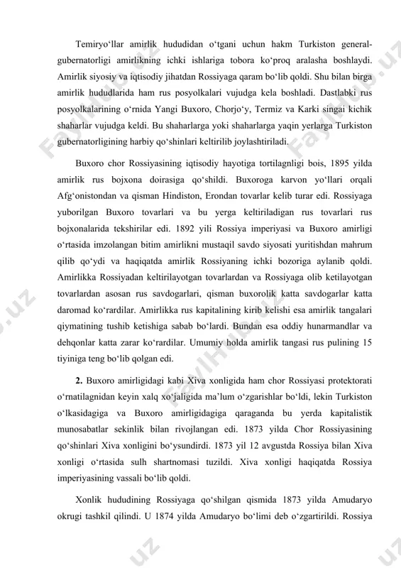in turkiston o‘lkasidagiga va buxoro amirligidagiga qaraganda bu yerda kapitalistik munosabatlar sekinlik bilan rivojlangan edi. 1873 yilda chor rossiyasining qo‘shinlari xiva xonligini bo‘ysundirdi. 1873 yil 12 avgustda rossiya bilan xiva xonligi o‘rtasida sulh shartnomasi tuzildi. xiva xonligi haqiqatda rossiya imperiyasining vassali bo‘lib qoldi. xonlik hududining rossiyaga qo‘shilgan qismida 1873 yilda amudaryo okrugi tashkil qilindi. u 1874 yilda amudaryo bo‘limi deb o‘zgartirildi. rossiya zabt etishidan avval xonlikka qarashli yerlarning kattaligi 130 590 kvadrat km edi. protektorat o‘rnatilagnidan keyin 75 000 kvadrat km qismi (amudaryo bo‘limi) turkiston general-gubernatorligi qaramog‘iga o‘tdi. 19-asrning 2-yarmida xonlikdagi aholining jami 500 ming kishiga yaqin bo‘lib, amudaryo bo‘limining aholisi 205 ming kishi edi. xiva xonligida turli xalqlar: o‘zbeklar, turkmanlar, qoraqalpoqlar, qozoqlar, eroniylar, arablar va boshqalar yashar edi. son jihatdan o‘zbeklar ko‘pchilikni (64,7 foiz) tashkil qilgan. xonlikda davlat tuzumining muhim tomoni shunda ediki, unda davlat apparati bir tizimga solinmagan edi va u maxsus idoralarga ajratilmagan edi. uning yana bir …