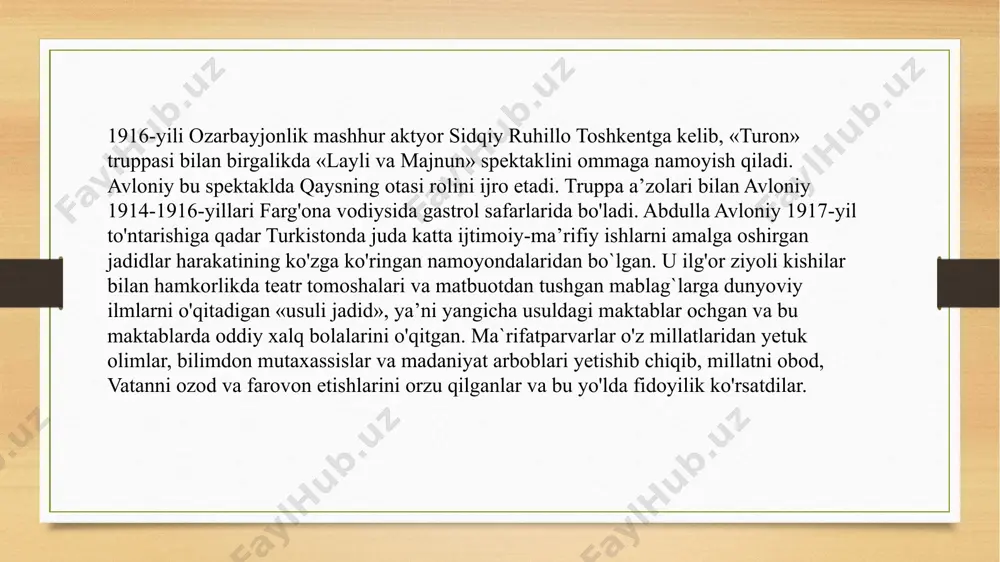 a qudratlari mol va boyliklari ila o'lchanadur. mol topmoqning eng barakatli yo'llari: hunarmandchilik, ekinchilik, chorvachilik, savdogarlikdur. bularning har biriga ham bu zamonamizda bilim lozimdur... ameriqoliklar bir dona bug'doy ekib, yigirma qadoq olurlar. yevropaliklar o'zimizdan olgan besh tiyinlik paxtamizni ketirib, o'zimizga yigirma besh tiyinga soturlar. ammo biz osiyoliklar, xususan, turkistonliklar, dumba sotub, chandir chaynaymiz, qaymoq berib, sut oshiymiz, non o'rniga kesak tishlaymiz», deb avloniy hozirgi zamonga muvofiq kishi bo'lmoq uchun ilm va ma’rifatni egallashimiz kerak degan shiorni o'rtaga tashlaydi. abdulla avloniy 1917-yil to'ntarishidan keyin, 1918-yildan boshlab respublikamizda o'qituvchilar uyushmasi, tunukachilar, ko'nchilar, hunarmandlar va bosmaxona xodimlarining kasaba uyushmalarini tashkil qilib, ularga rahbarlik qiladi. sobiq eski shahar ishchi dehqon sovet ijroiya komitetiga rais qilib saylanadi. avloniy turkiston respublikasi milliy komissariyatining mas’ul xodimi sifatida milliy urf-odatlar va yangicha madaniy normalar hamda qonunlarga doir masalalar bilan shug'ullanadi. 1919-1920-yillari avloniy afg'onistonning hirot shahrida sovet elchixonasida bosh konsul bo‘lib ishladi. xalqimiz o'rtasida birodarlikni mustahkamlash sohasidagi olib borgan …