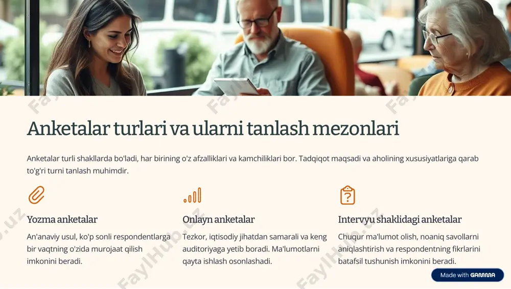 ilib, tegishli kodlar beriladi. ma'lumotlarni tozalash: taqchilliklar, noto'g'ri yoki zid javoblar aniqlanadi va ular bilan ishlash usullari belgilanadi. ma'lumotlarni tartiblash: tahlilga qulay bo'lishi uchun ma'lumotlar kerakli formatga keltiriladi. https://gamma.app/?utm_source=made-with-gamma anketadan olingan natijalarni tahlil qilish va talqin qilish to'plangan va qayta ishlangan ma'lumotlar maxsus statistik usullar yordamida tahlil qilinadi. bu, tendensiyalar, bog'liqliklar va muhim xulosalarni aniqlashga yordam beradi. jismoniy faollik sog'lom ovqatlanish chekish stress darajasi masalan, yuqoridagi diagramma aholining ayrim salomatlik ko'rsatkichlari bo'yicha foizini ko'rsatadi. bu ma'lumotlar qaysi sohalarga ko'proq e'tibor qaratish kerakligini aniqlashga yordam beradi. https://gamma.app/?utm_source=made-with-gamma natijalarni hisobot ko'rinishida taqdim etish tahlil natijalarini aniq va tushunarli hisobot shaklida taqdim etish juda muhim. hisobot maqsadli auditoriya (sog'liqni saqlash xodimlari, siyosatchilar, jamoatchilik) uchun mos bo'lishi kerak. hisobot tarkibi: kirish, metodologiya, asosiy natijalar, muhokama, xulosalar va tavsiyalar. 1 vizualizatsiya diagrammalar, grafiklar va jadvallardan foydalanish, murakkab ma'lumotlarni oson tushunishga yordam beradi. 2 asosiy xulosalar eng muhim natijalarni ajratib ko'rsatish va ularni qisqacha bayon qilish. …